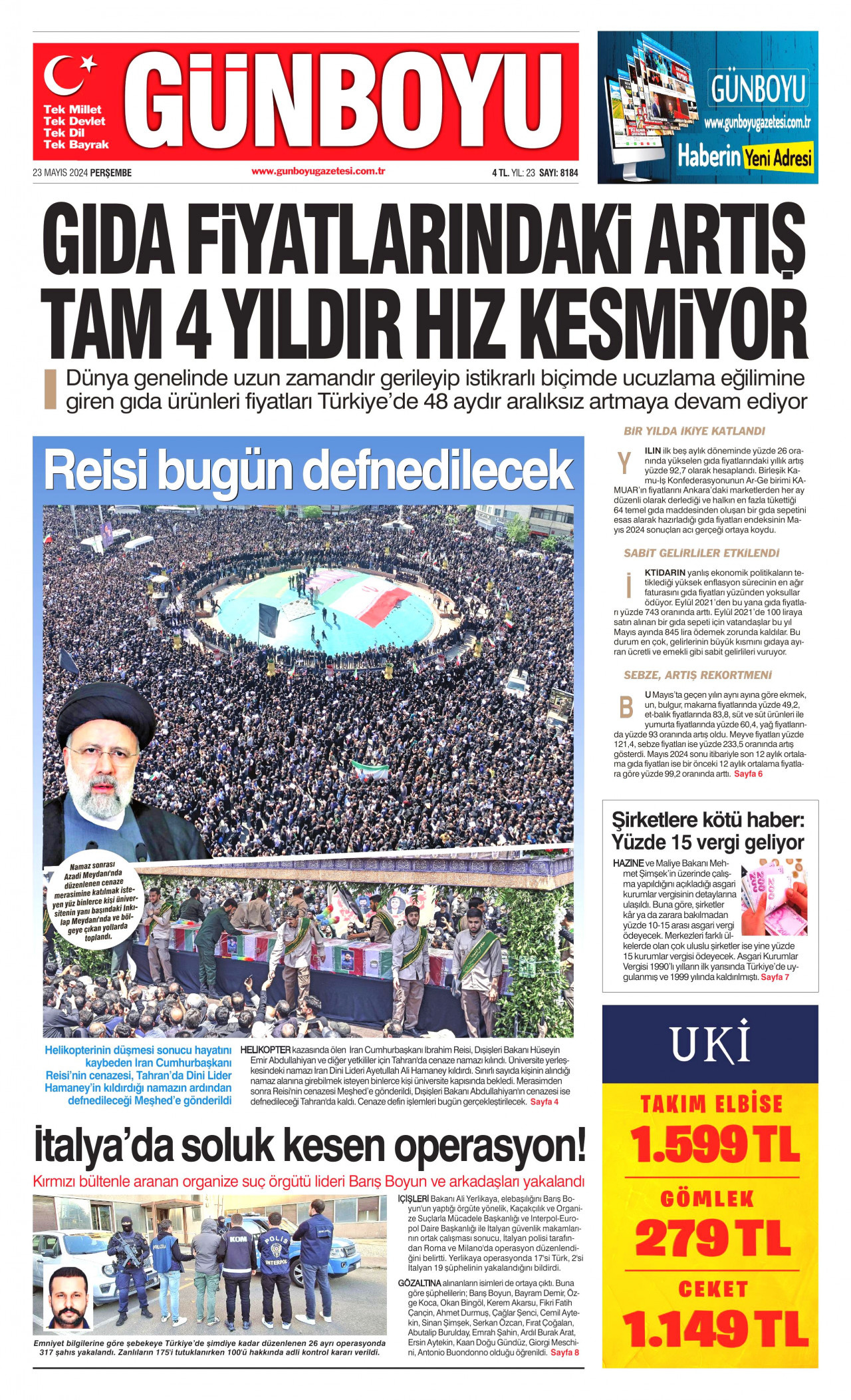 GÜNBOYU gazetesinin 23 Mayıs 2024 tarihli birinci sayfası