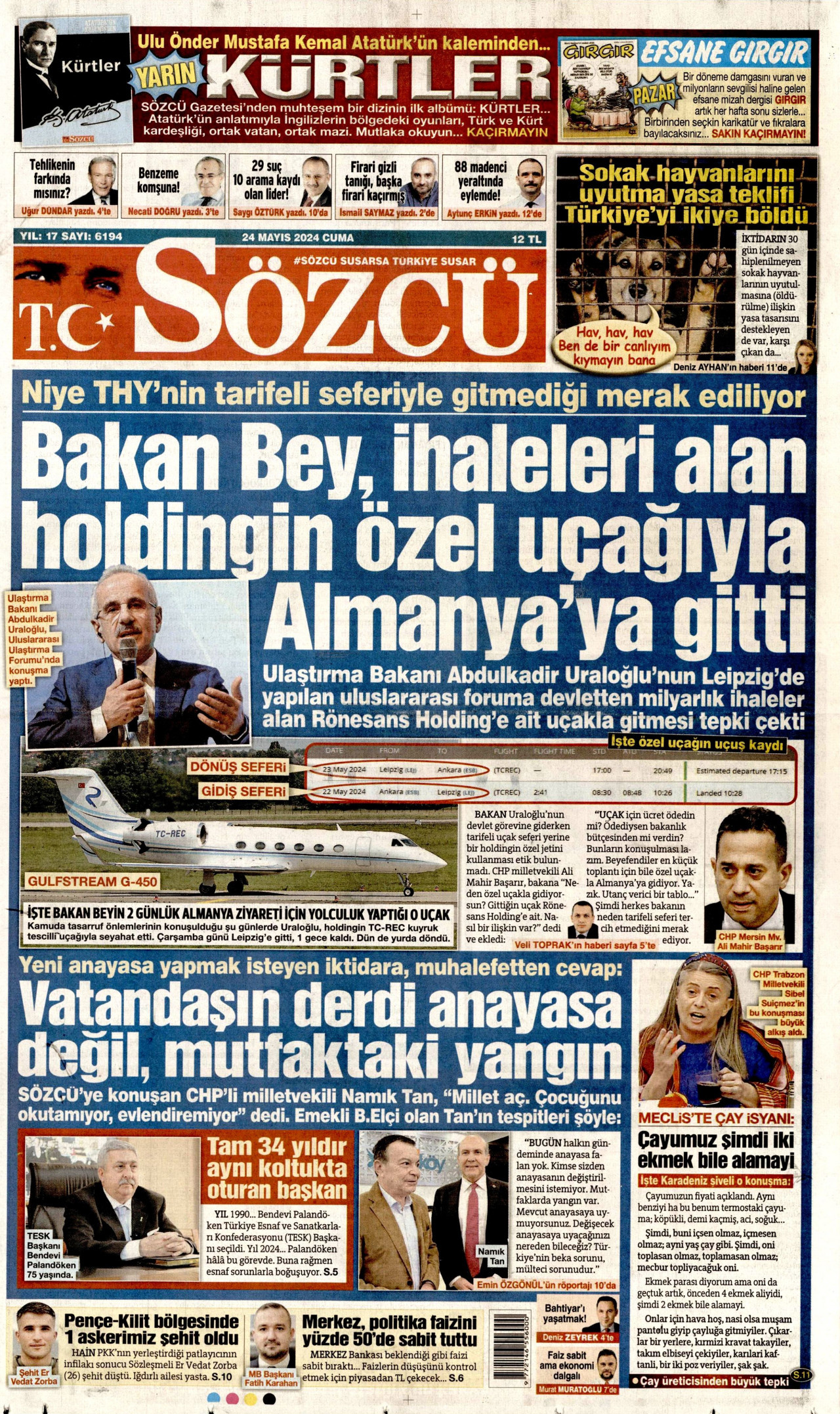 SÖZCÜ gazetesinin 24 Mayıs 2024 tarihli birinci sayfası