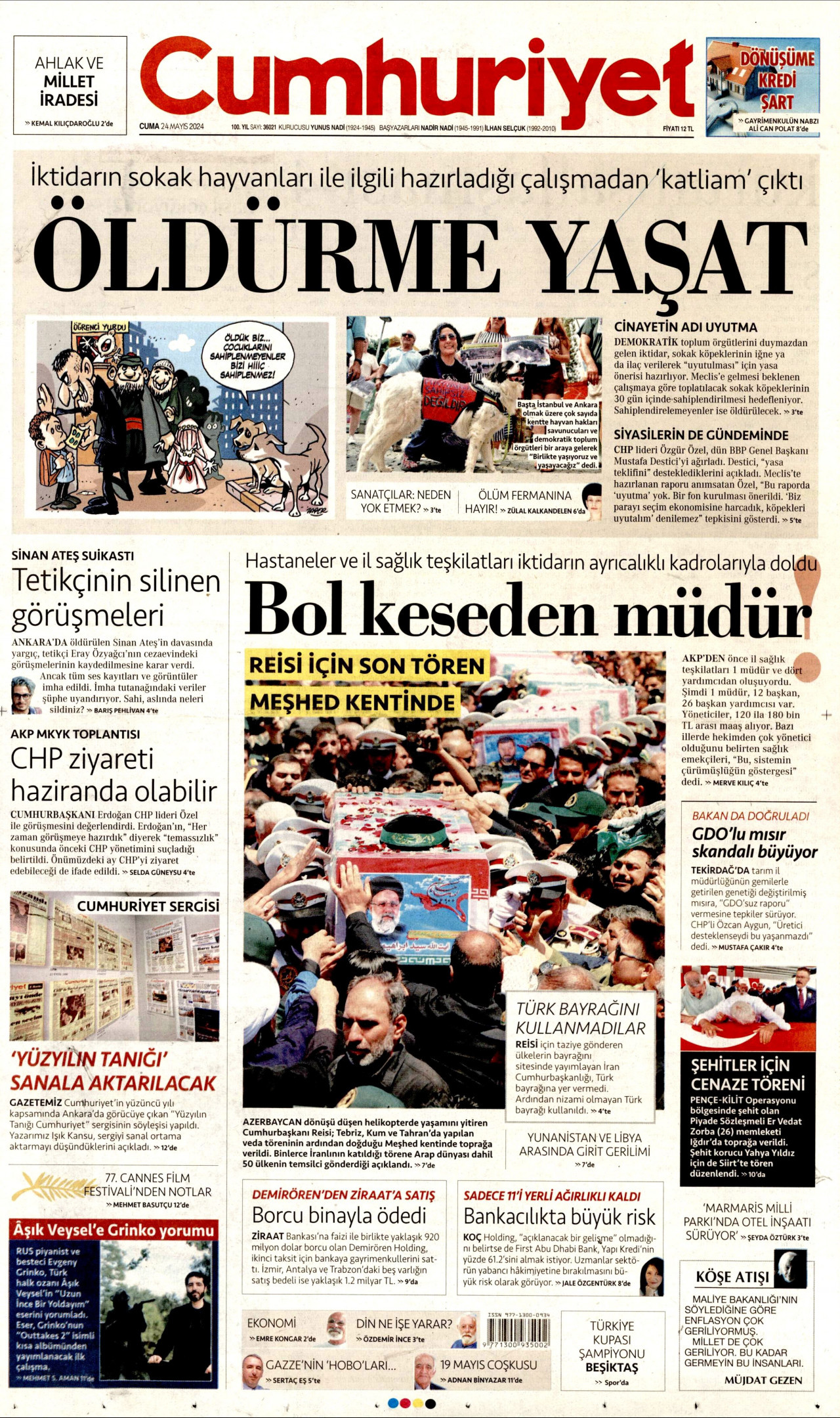 CUMHURİYET gazetesinin 24 Mayıs 2024 tarihli birinci sayfası