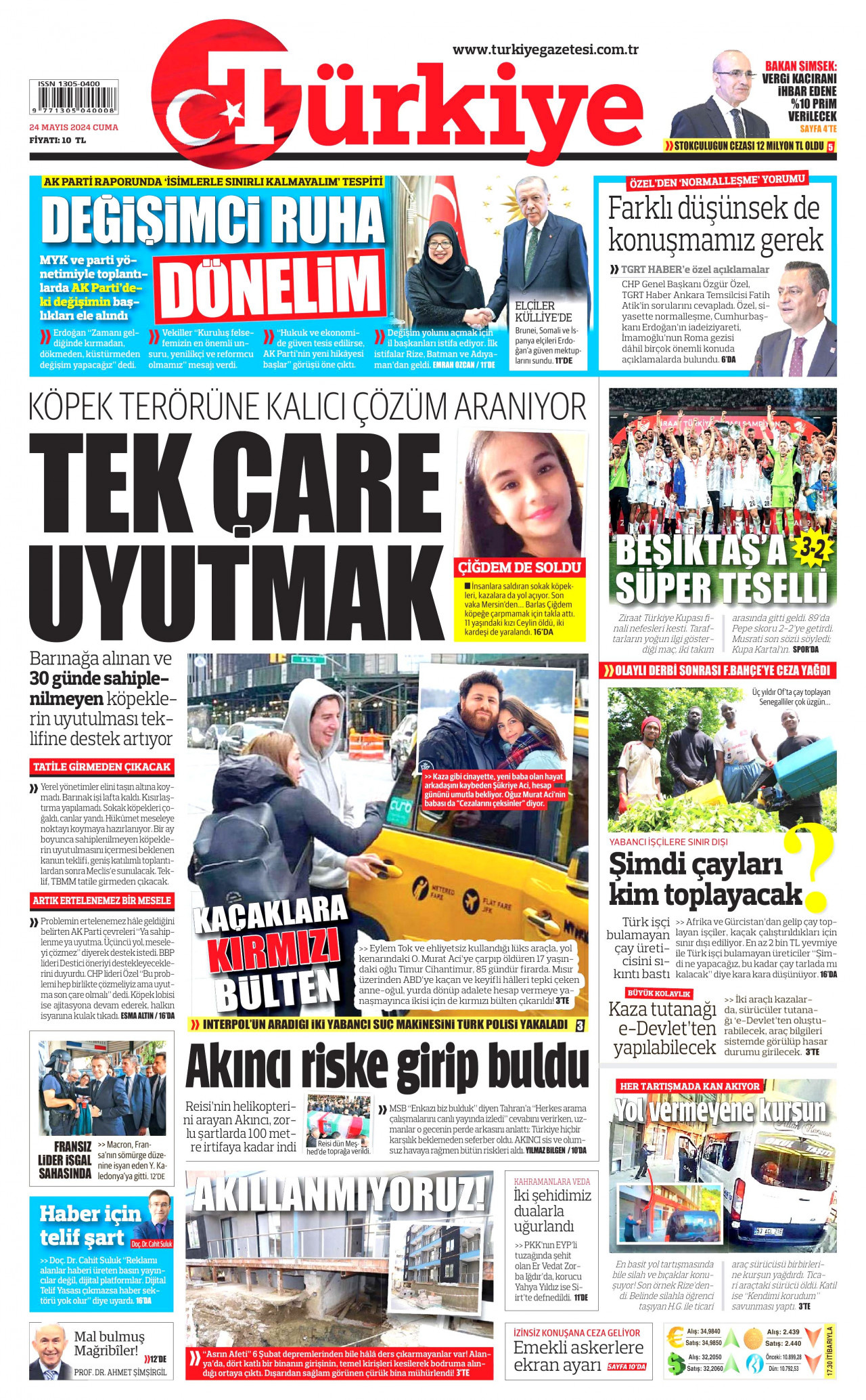 TÜRKİYE GAZETESİ gazetesinin 24 Mayıs 2024 tarihli birinci sayfası