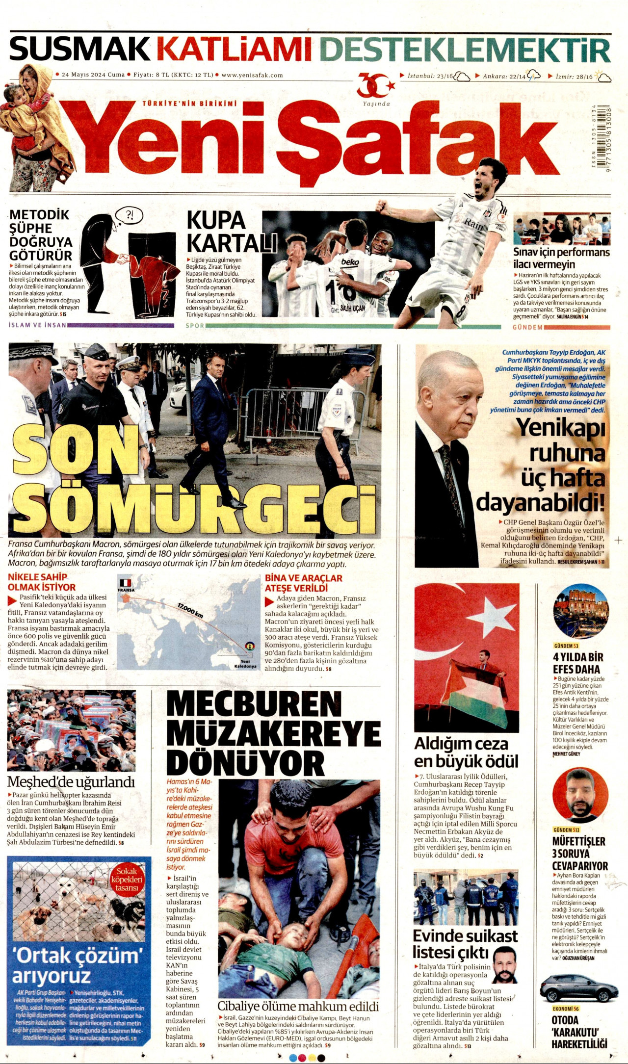 YENİ ŞAFAK gazetesinin 24 Mayıs 2024 tarihli birinci sayfası