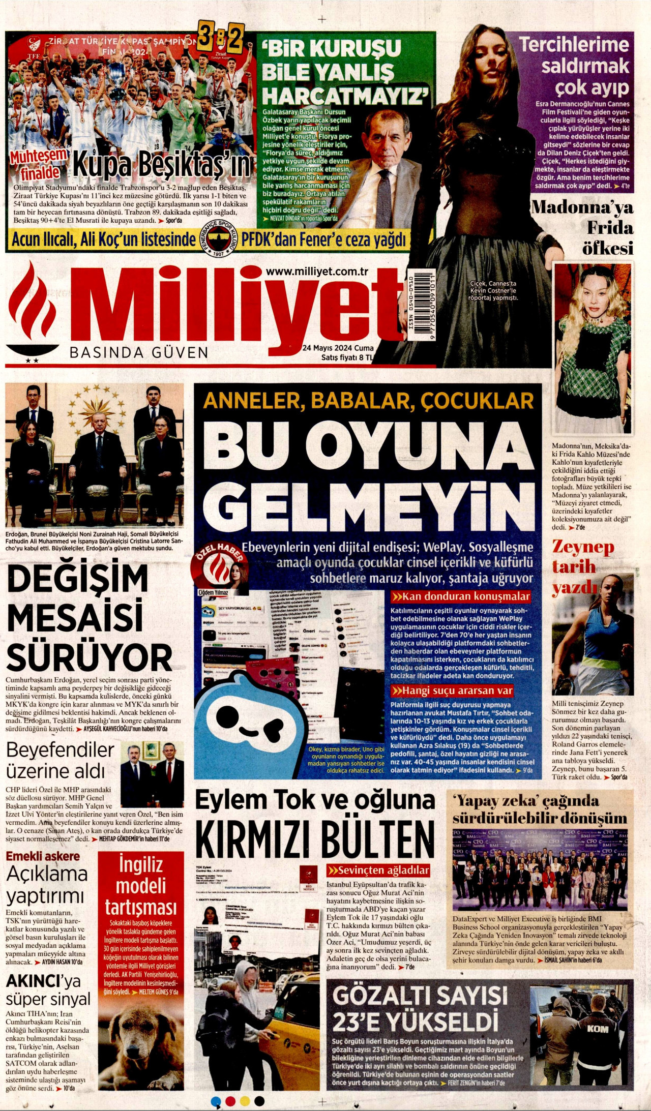 MİLLİYET gazetesinin 24 Mayıs 2024 tarihli birinci sayfası