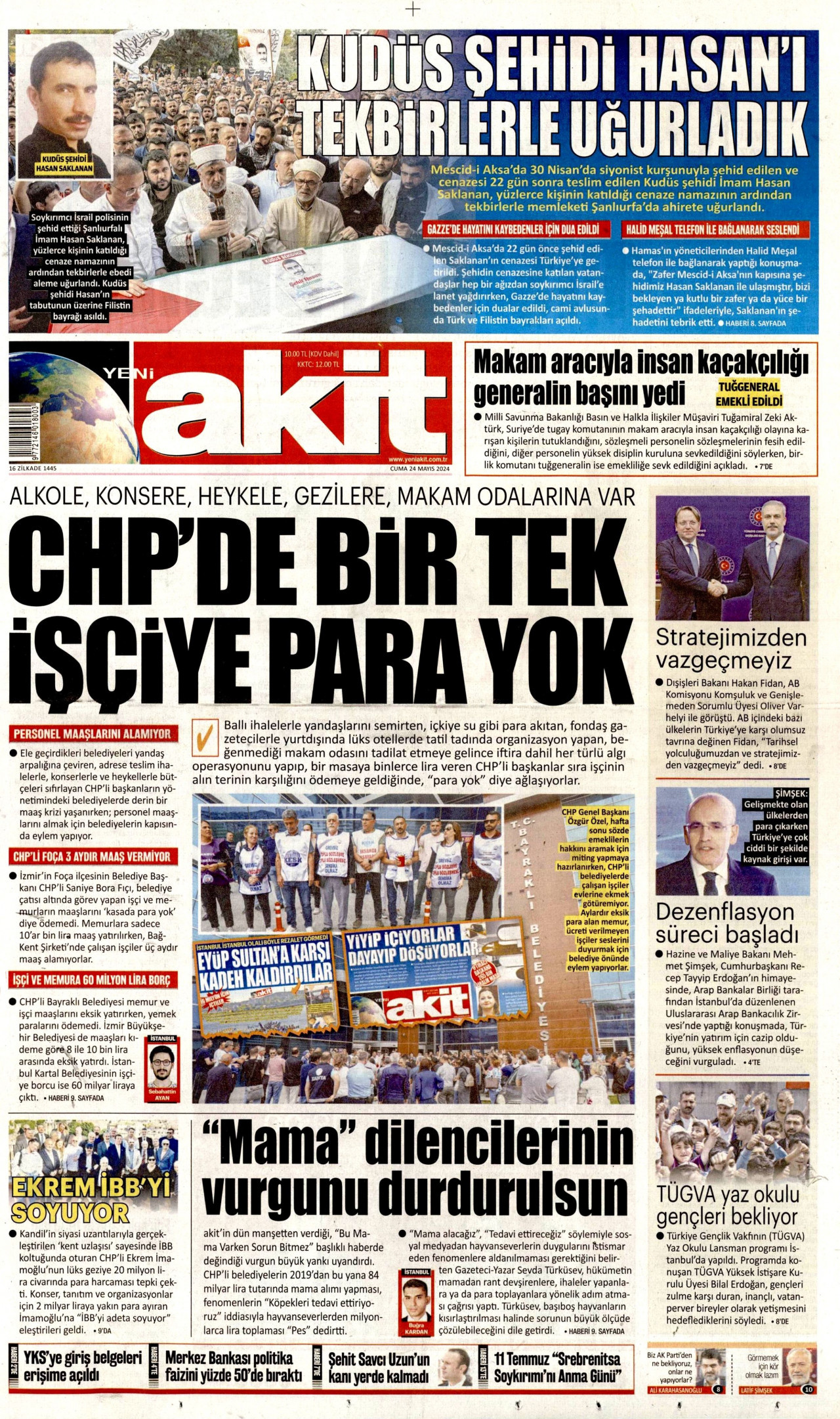 YENİ AKİT gazetesinin 24 Mayıs 2024 tarihli birinci sayfası