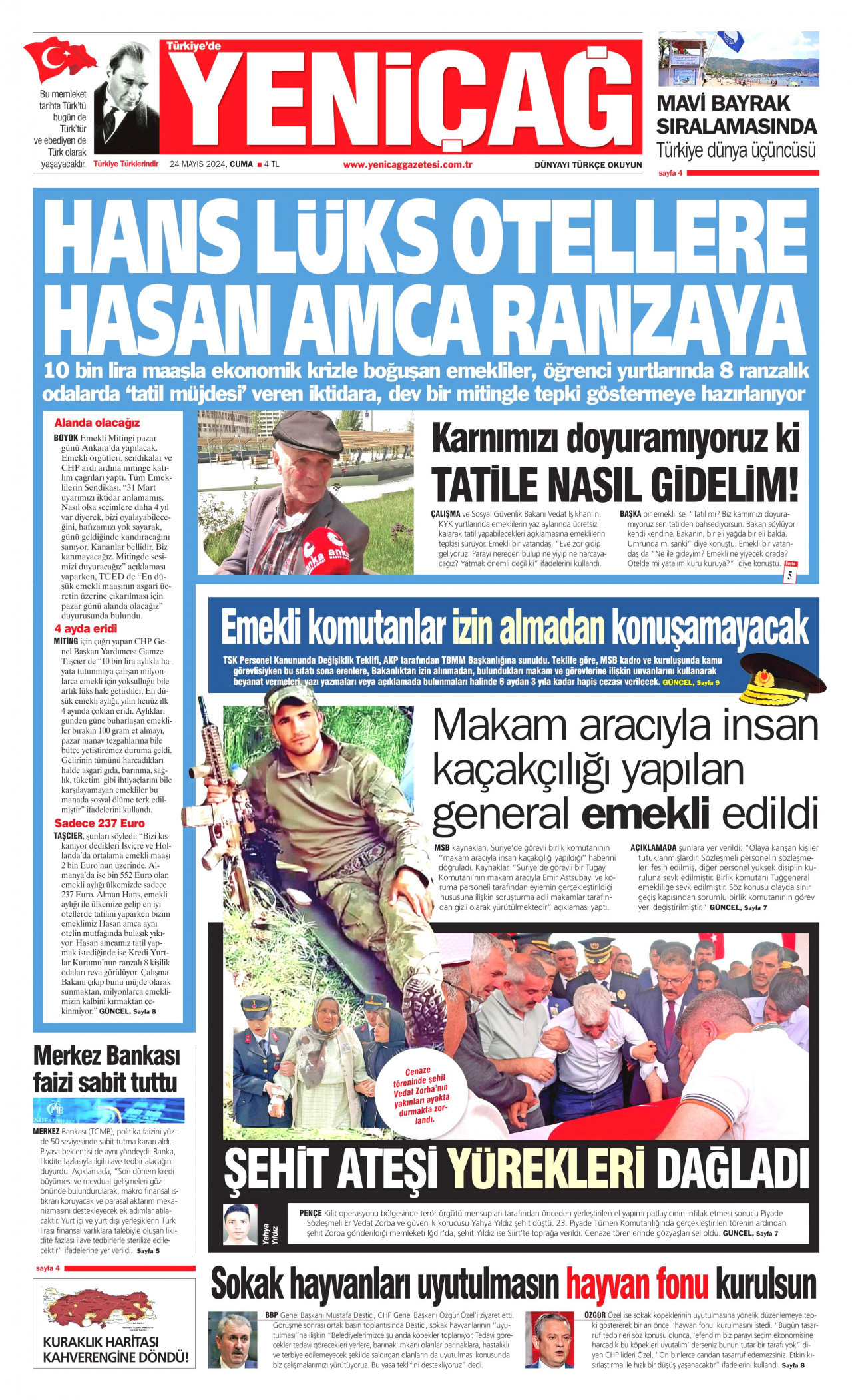 YENİÇAĞ gazetesinin 24 Mayıs 2024 tarihli birinci sayfası
