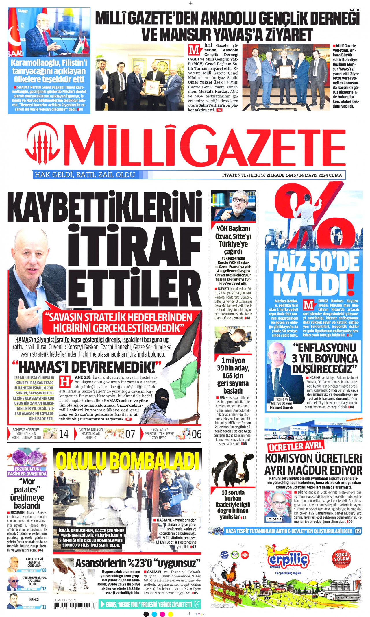 MİLLİ GAZETE gazetesinin 24 Mayıs 2024 tarihli birinci sayfası