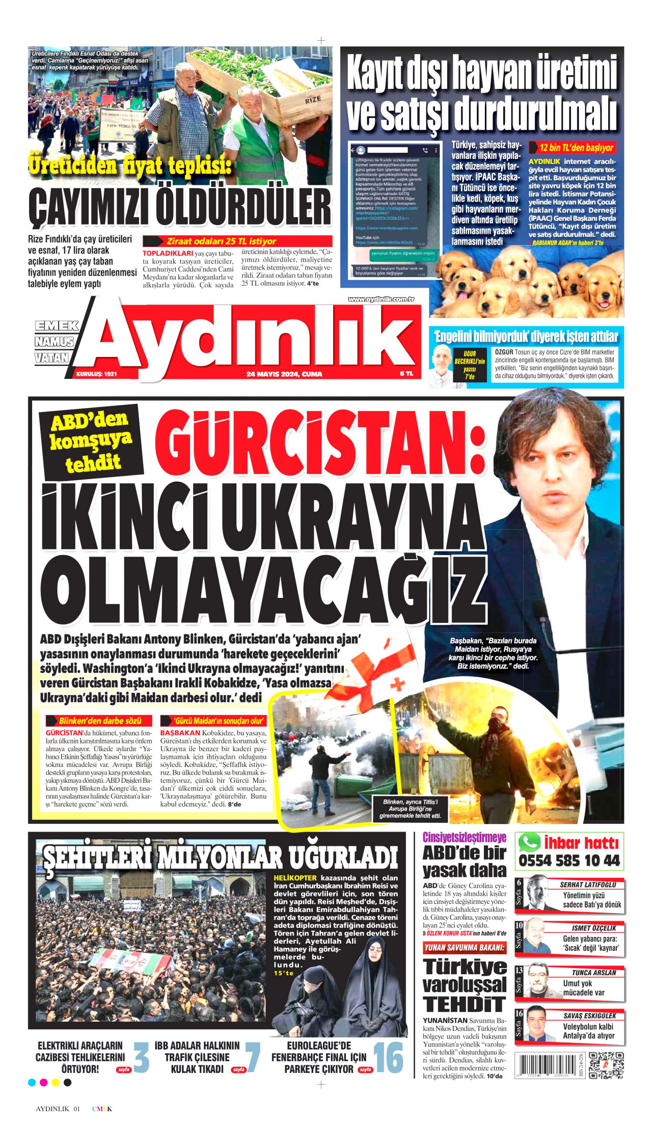 AYDINLIK GAZETESİ gazetesinin 24 Mayıs 2024 tarihli birinci sayfası