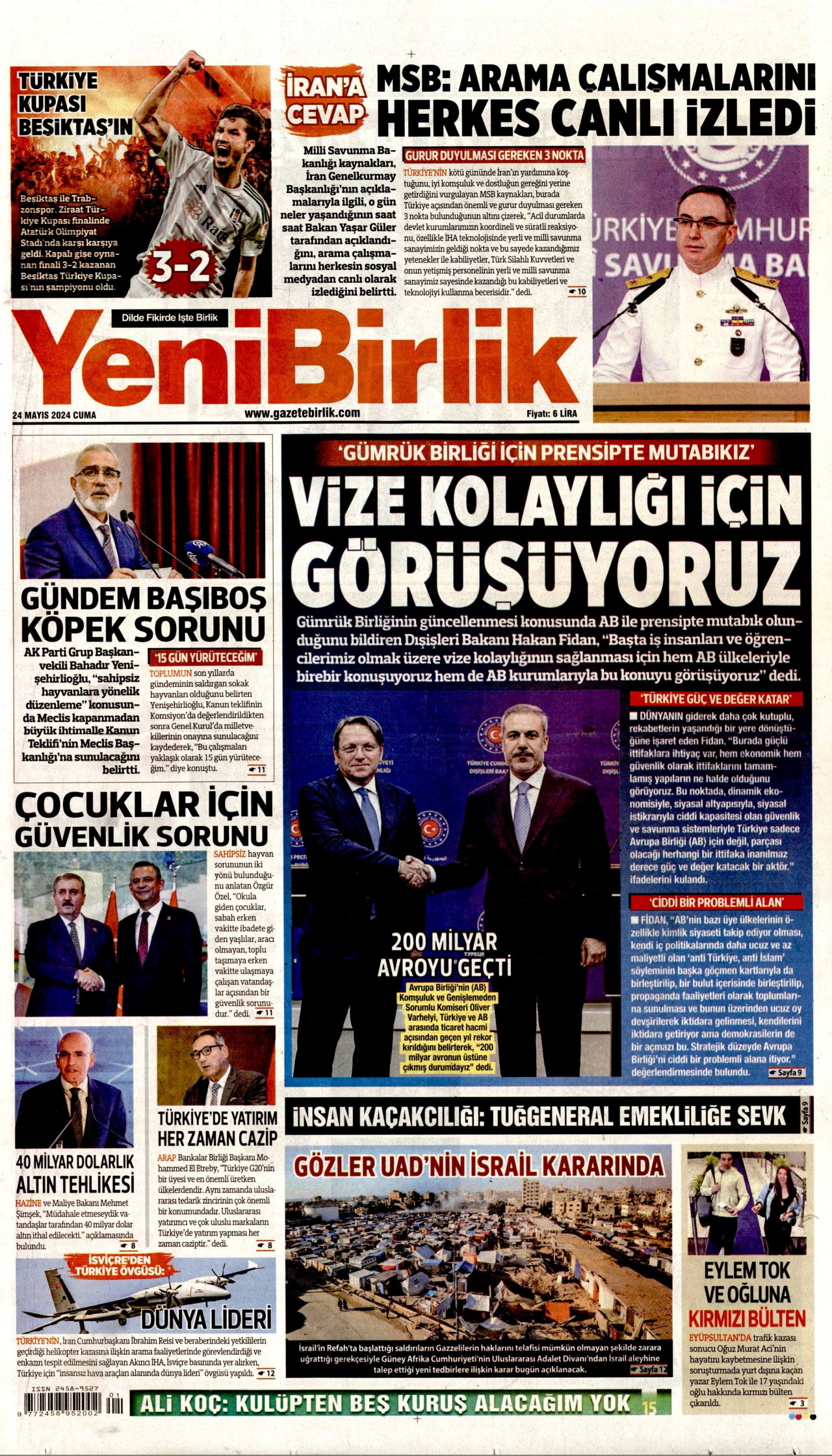 YENİBİRLİK gazetesinin 24 Mayıs 2024 tarihli birinci sayfası