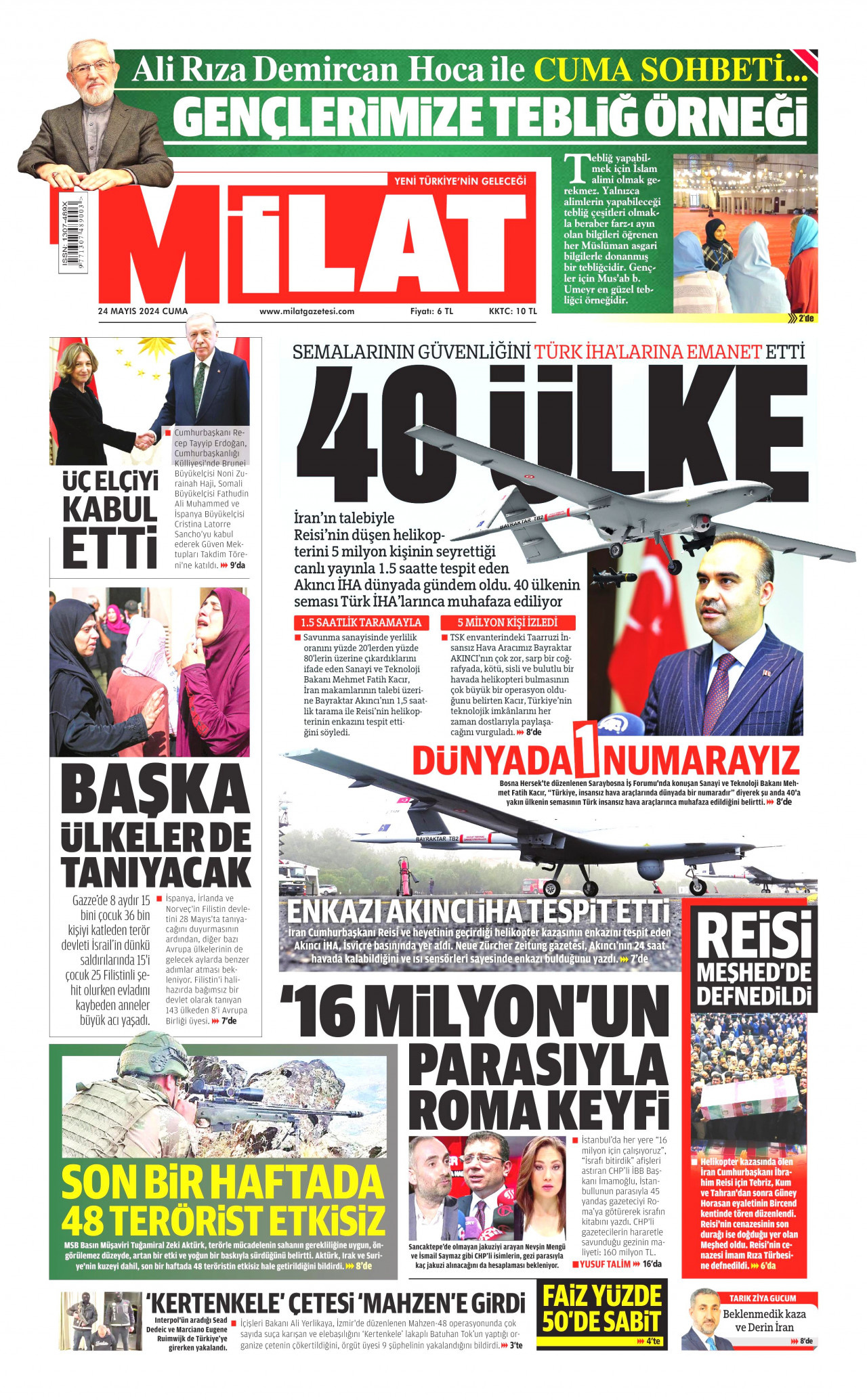 MİLAT gazetesinin 24 Mayıs 2024 tarihli birinci sayfası