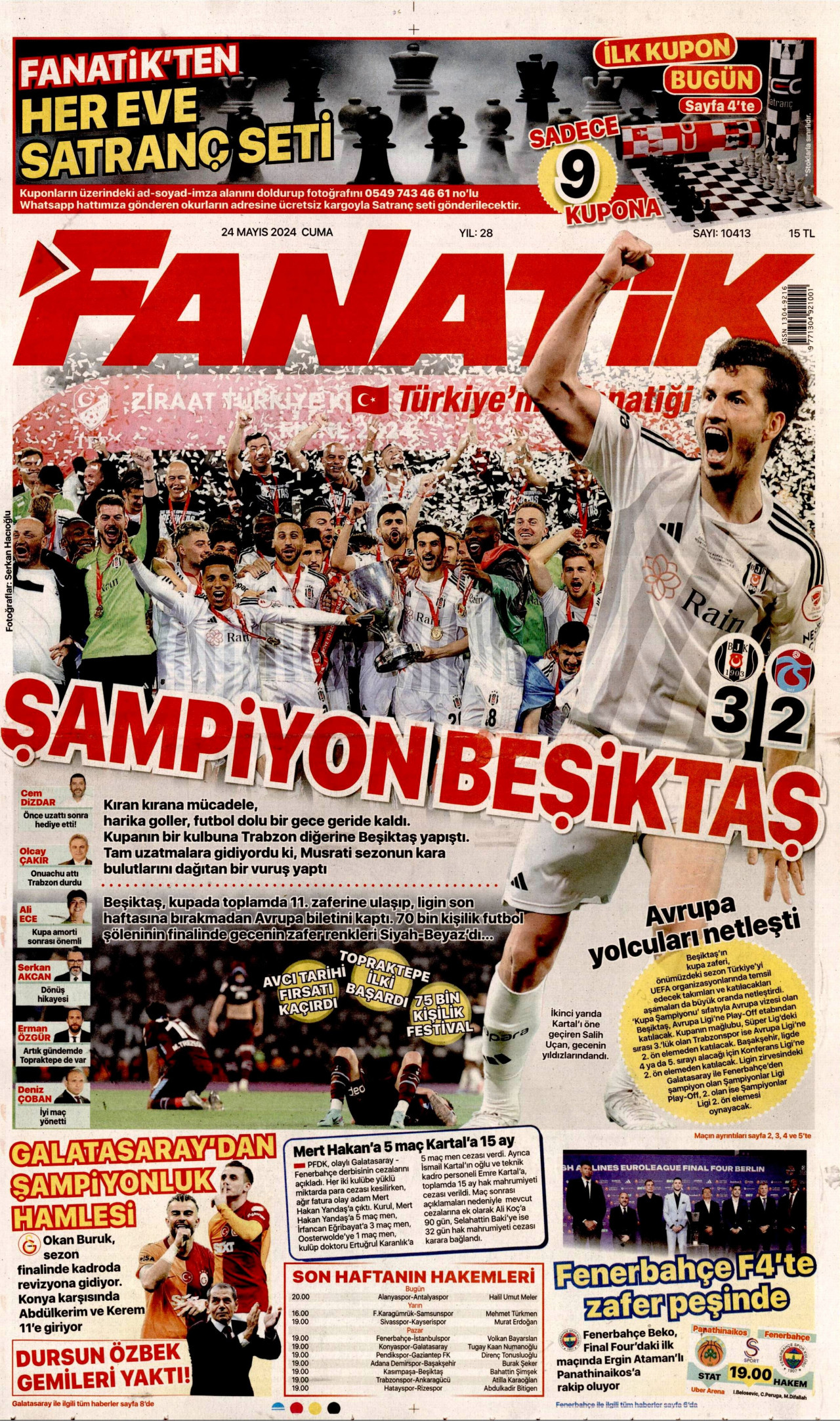 FANATİK gazetesinin 24 Mayıs 2024 tarihli birinci sayfası