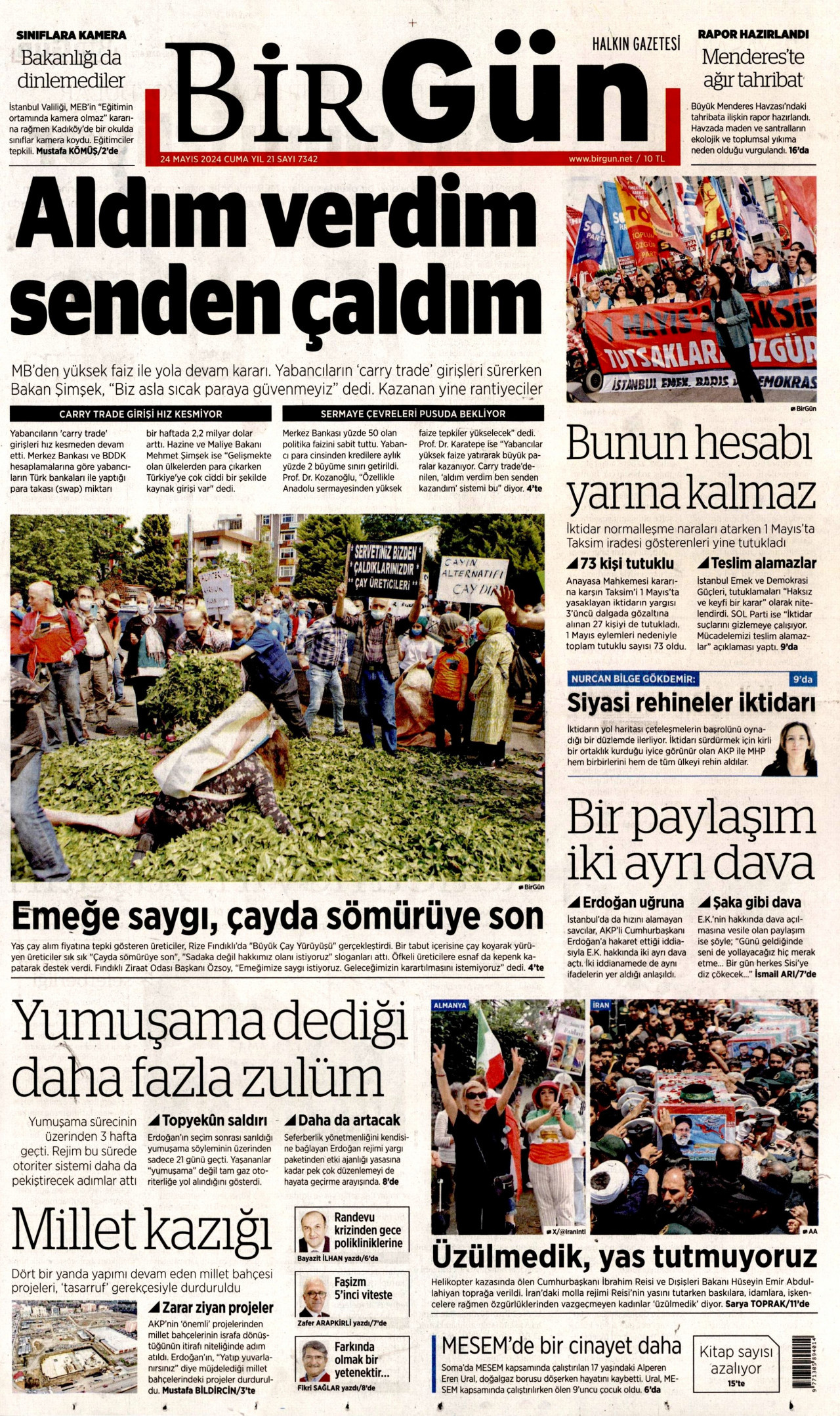 BİRGÜN gazetesinin 24 Mayıs 2024 tarihli birinci sayfası