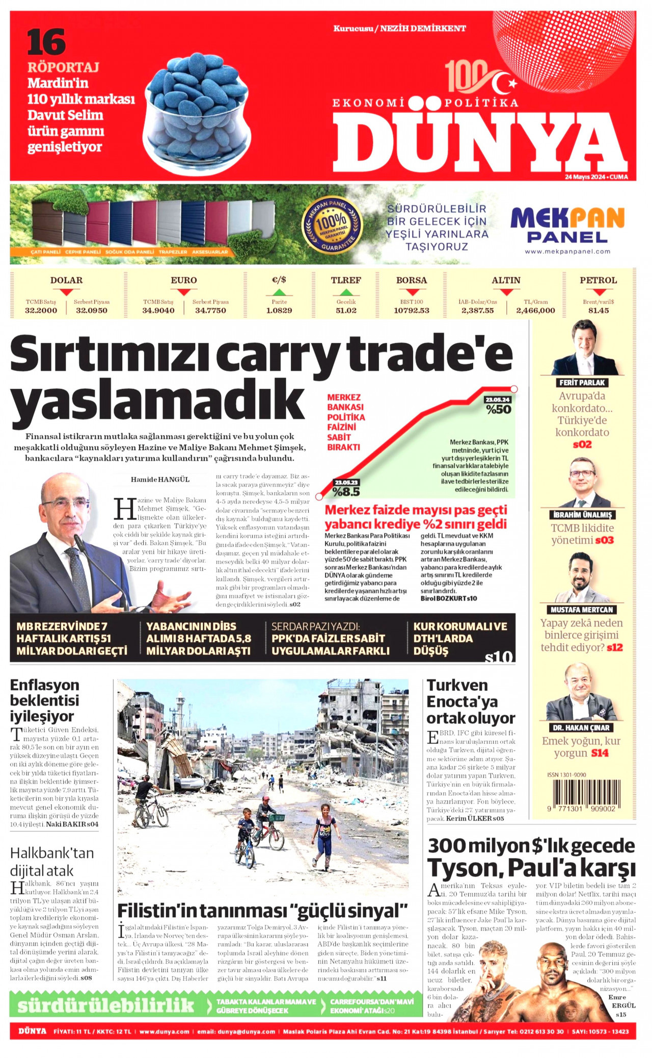 DÜNYA gazetesinin 24 Mayıs 2024 tarihli birinci sayfası