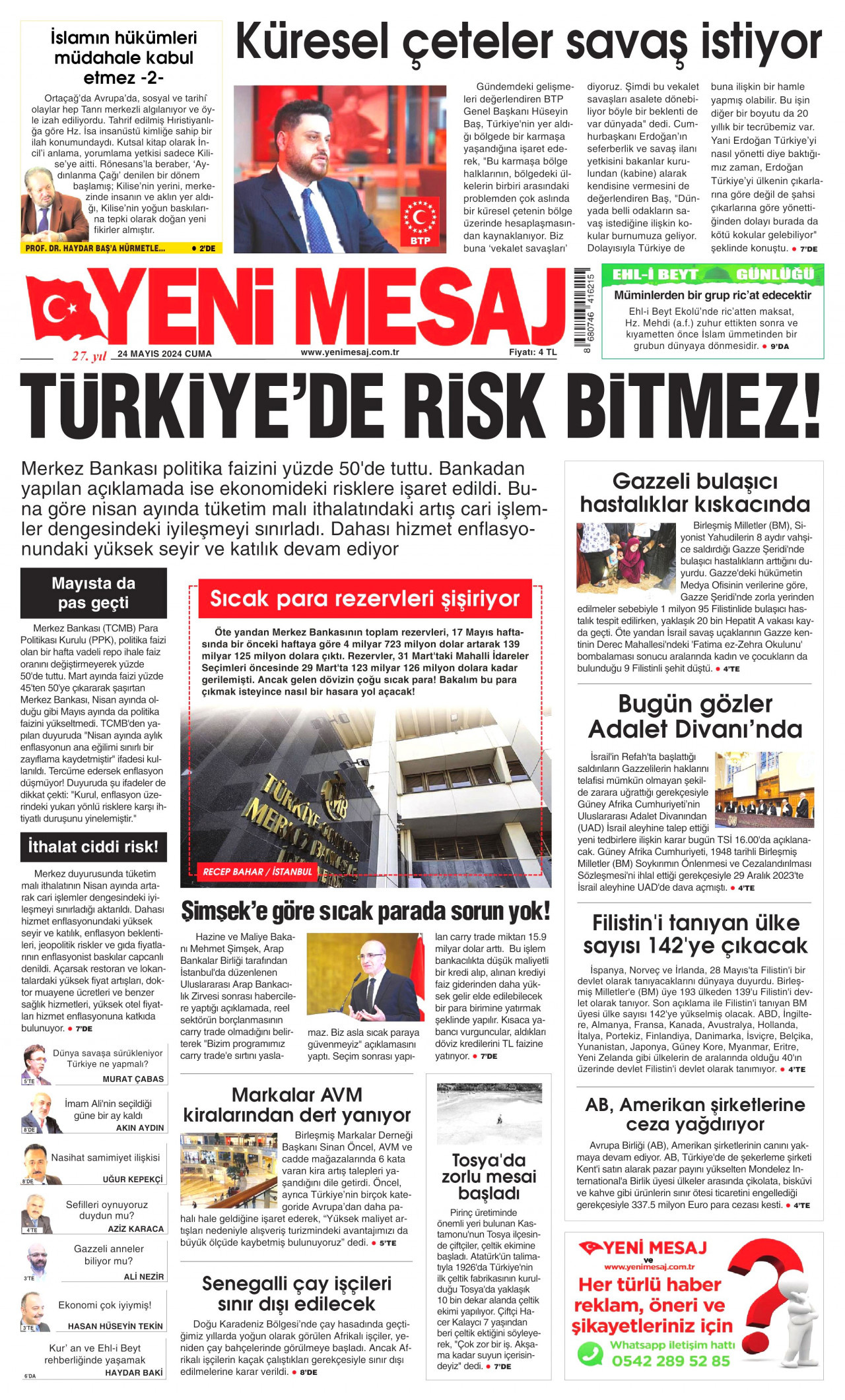 YENİ MESAJ gazetesinin 24 Mayıs 2024 tarihli birinci sayfası