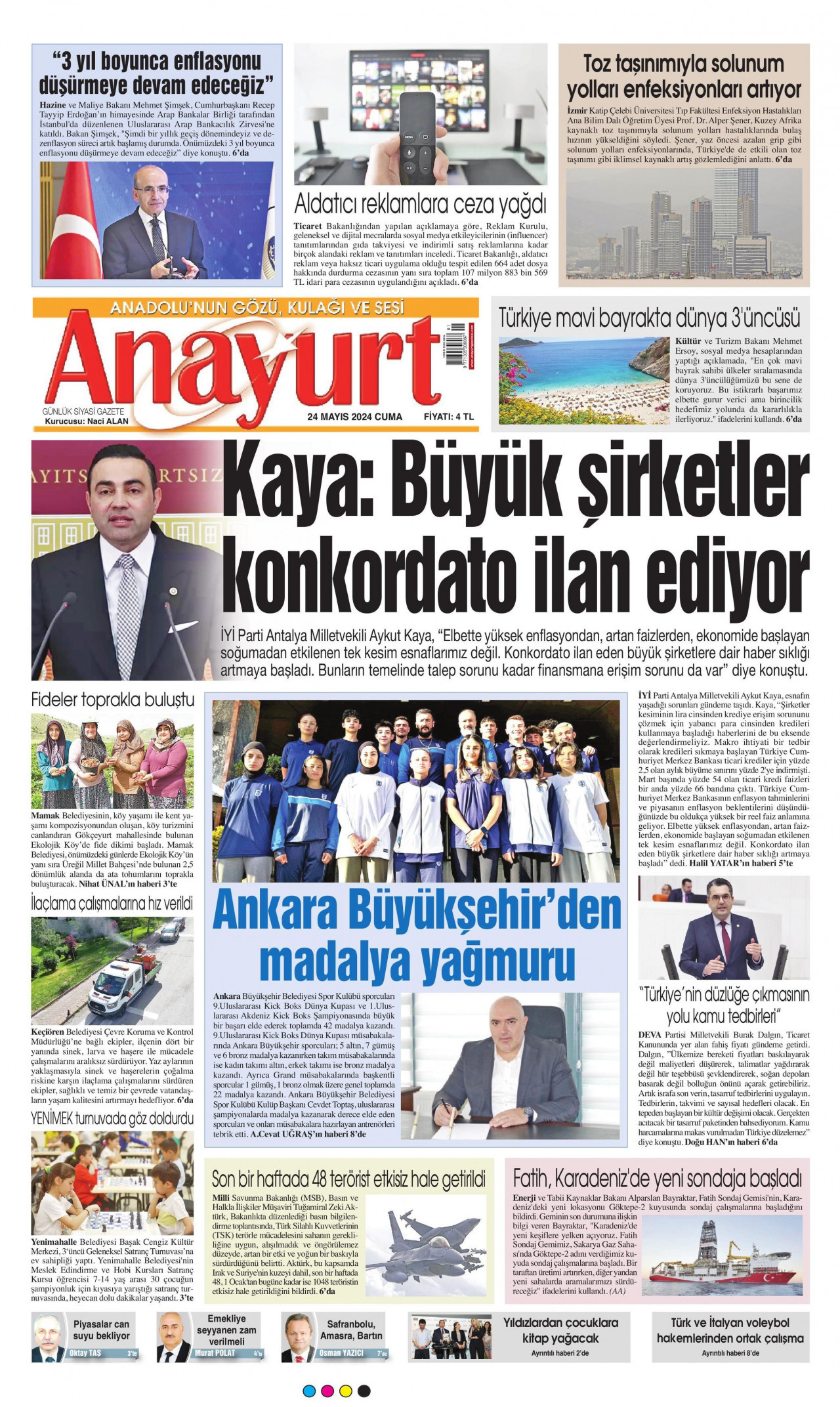 ANAYURT gazetesinin 24 Mayıs 2024 tarihli birinci sayfası
