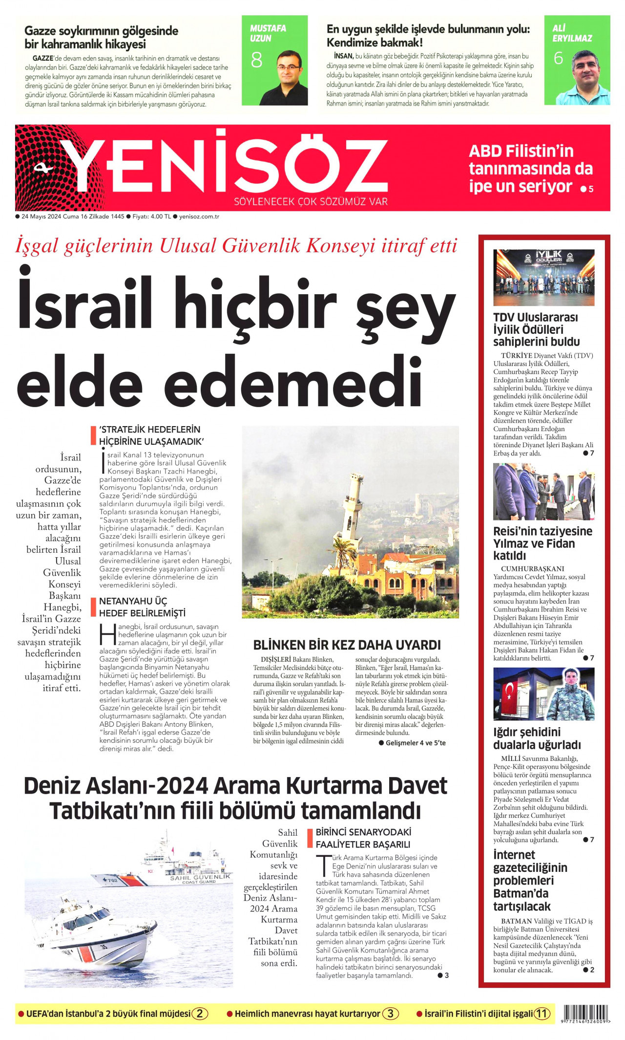 YENİ SÖZ GAZETESİ gazetesinin 24 Mayıs 2024 tarihli birinci sayfası