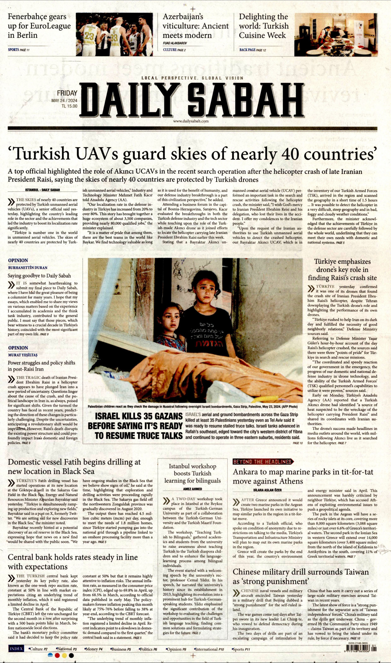 DAİLY SABAH gazetesinin 24 Mayıs 2024 tarihli birinci sayfası