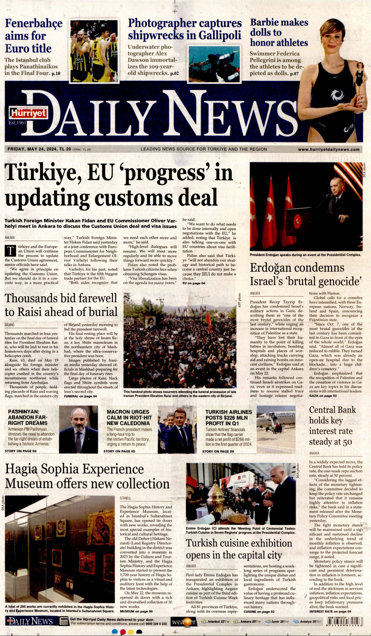 HÜRRİYET DAİLY NEWS gazetesinin 24 Mayıs 2024 tarihli birinci sayfası