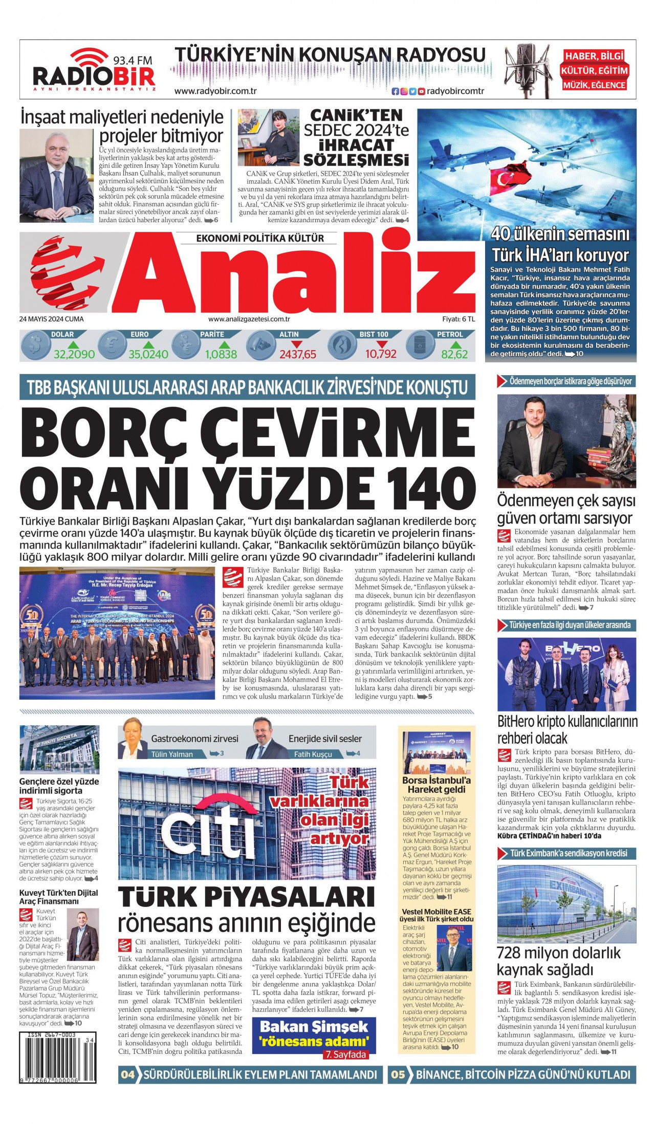 ANALİZ gazetesinin 24 Mayıs 2024 tarihli birinci sayfası