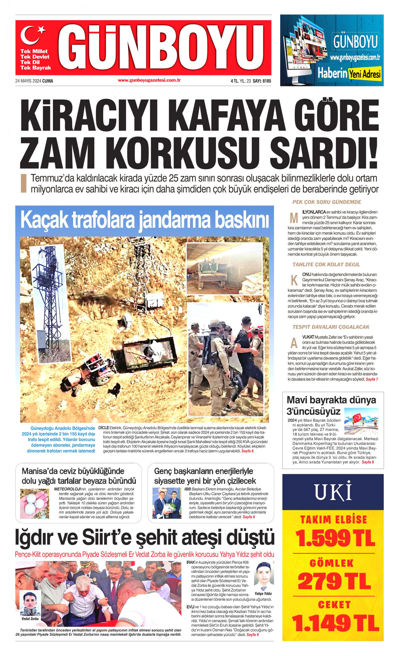 GÜNBOYU gazetesinin 24 Mayıs 2024 tarihli birinci sayfası
