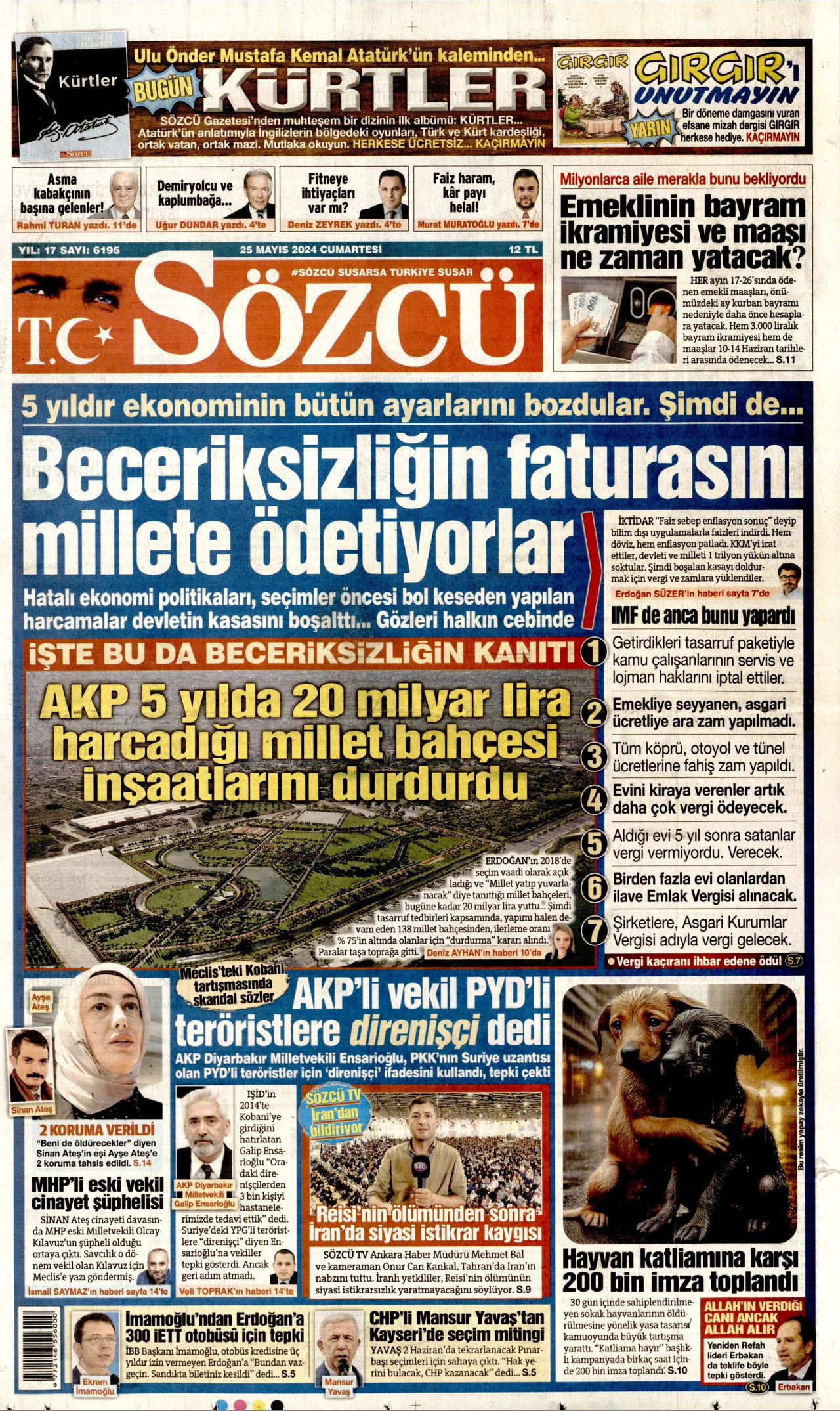 SÖZCÜ gazetesinin 25 Mayıs 2024 tarihli birinci sayfası
