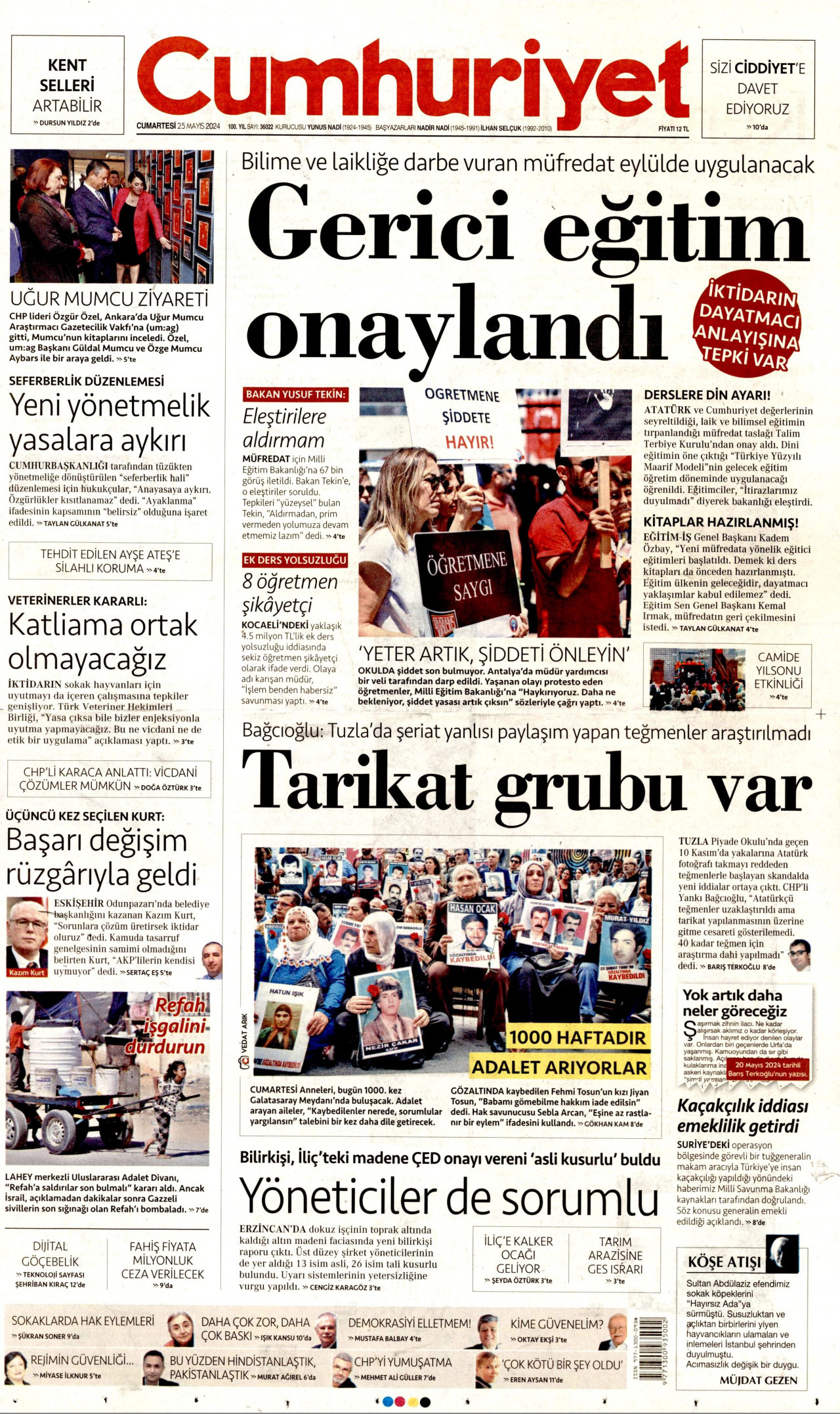 CUMHURİYET gazetesinin 25 Mayıs 2024 tarihli birinci sayfası
