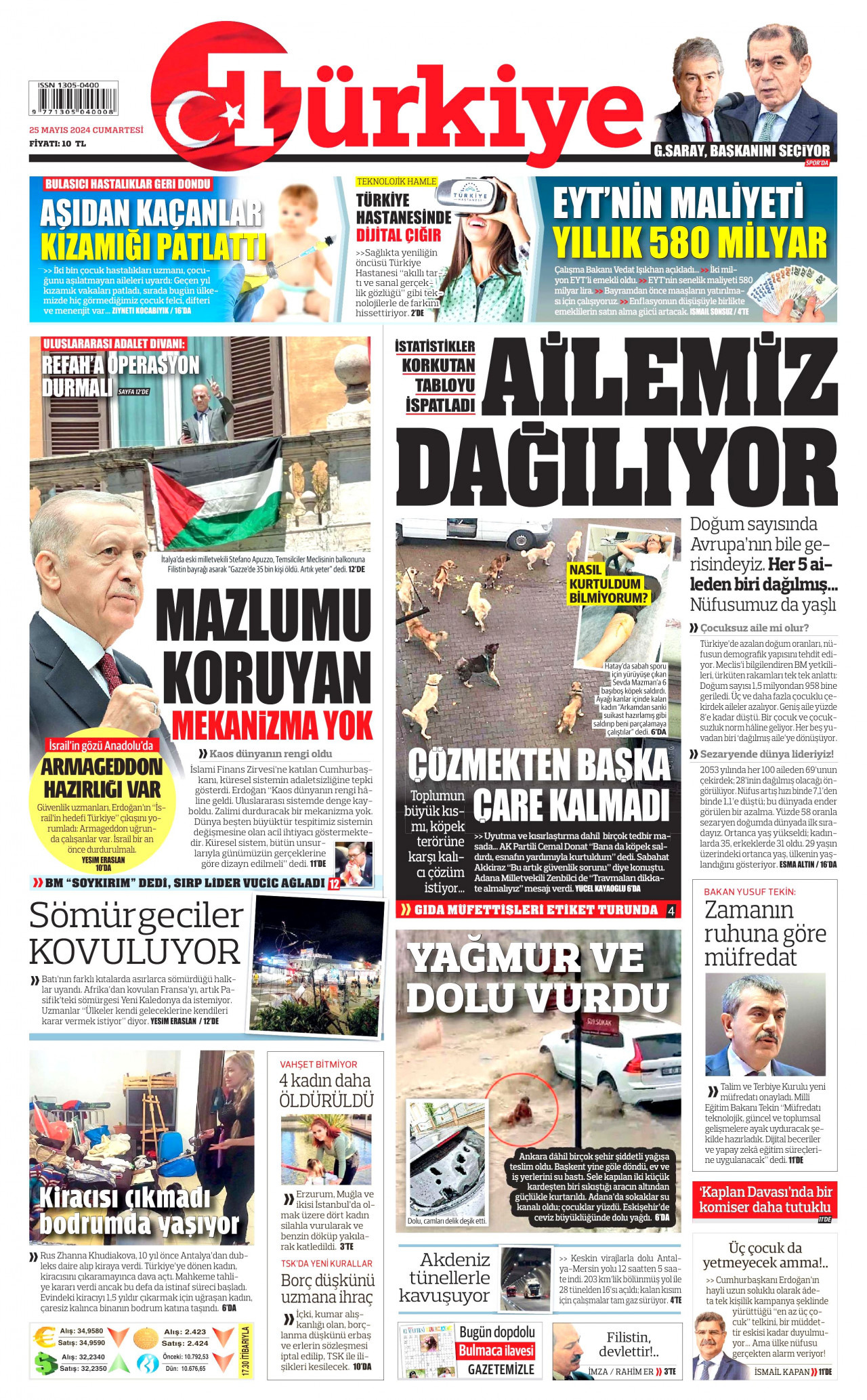 TÜRKİYE GAZETESİ gazetesinin 25 Mayıs 2024 tarihli birinci sayfası