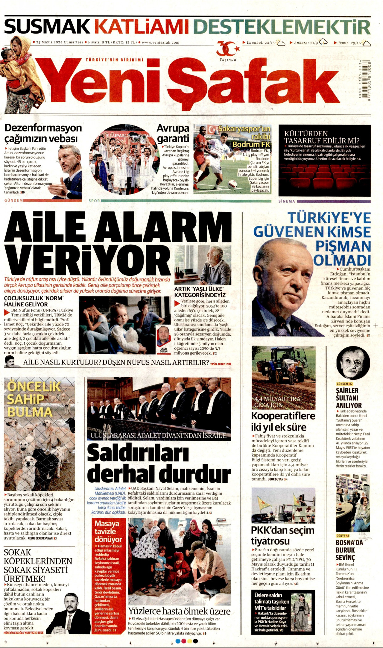 YENİ ŞAFAK gazetesinin 25 Mayıs 2024 tarihli birinci sayfası