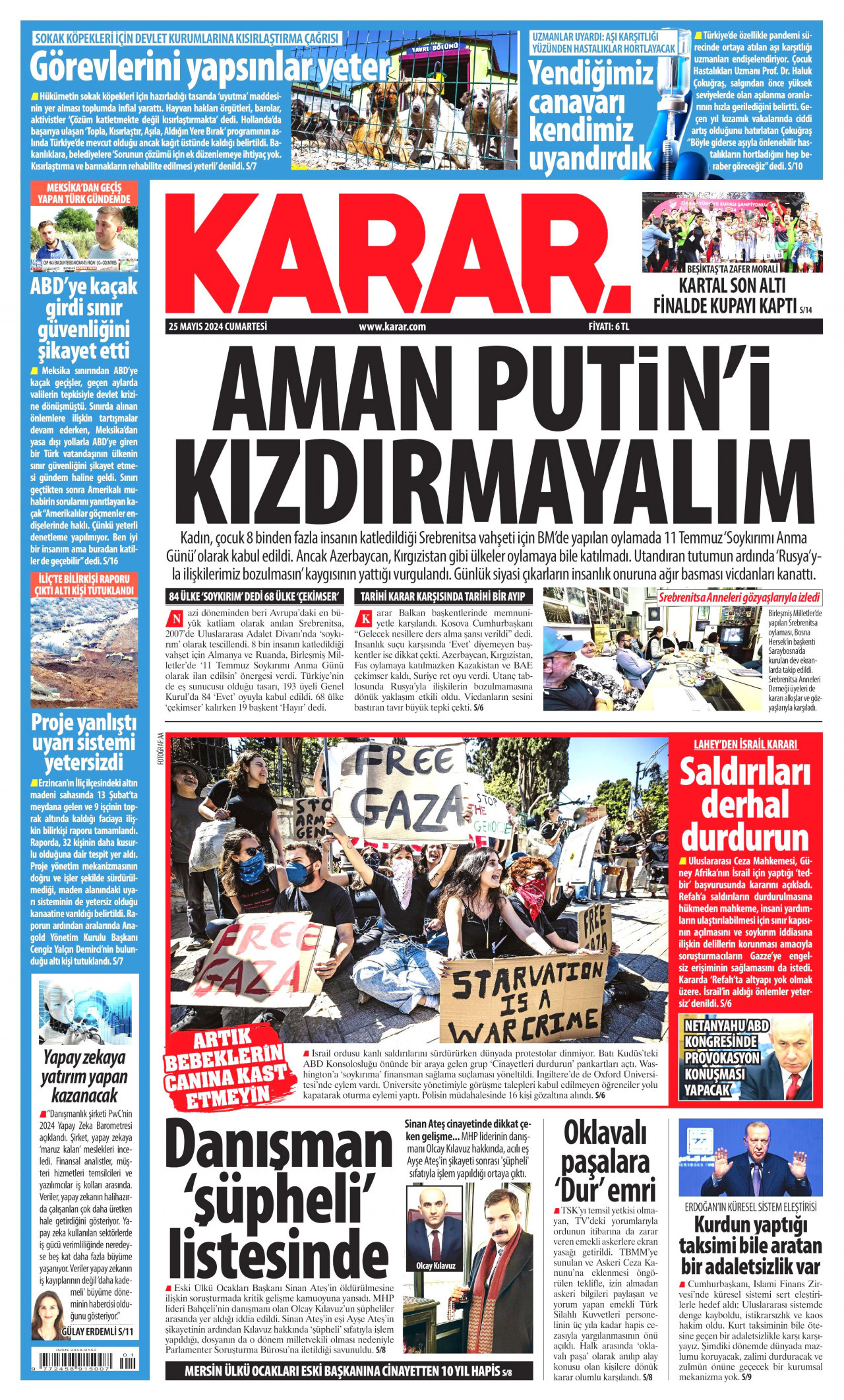 KARAR gazetesinin 25 Mayıs 2024 tarihli birinci sayfası