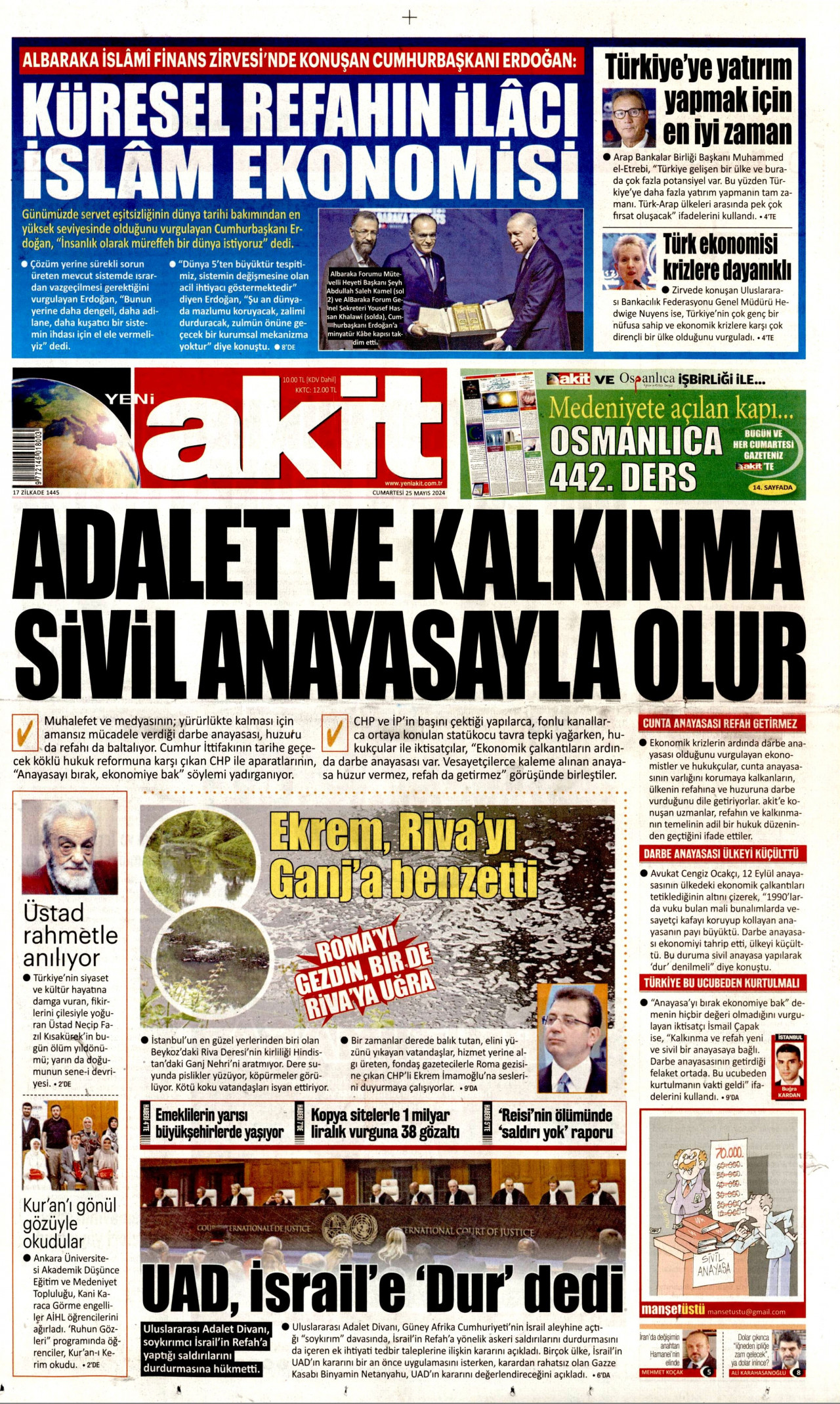YENİ AKİT gazetesinin 25 Mayıs 2024 tarihli birinci sayfası