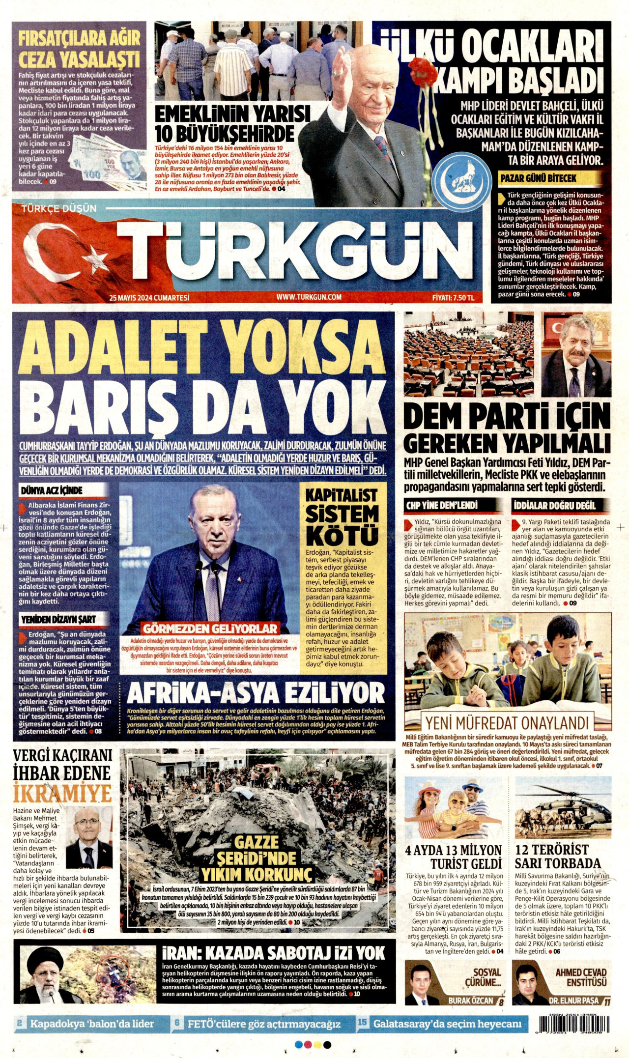 TÜRKGÜN gazetesinin 25 Mayıs 2024 tarihli birinci sayfası