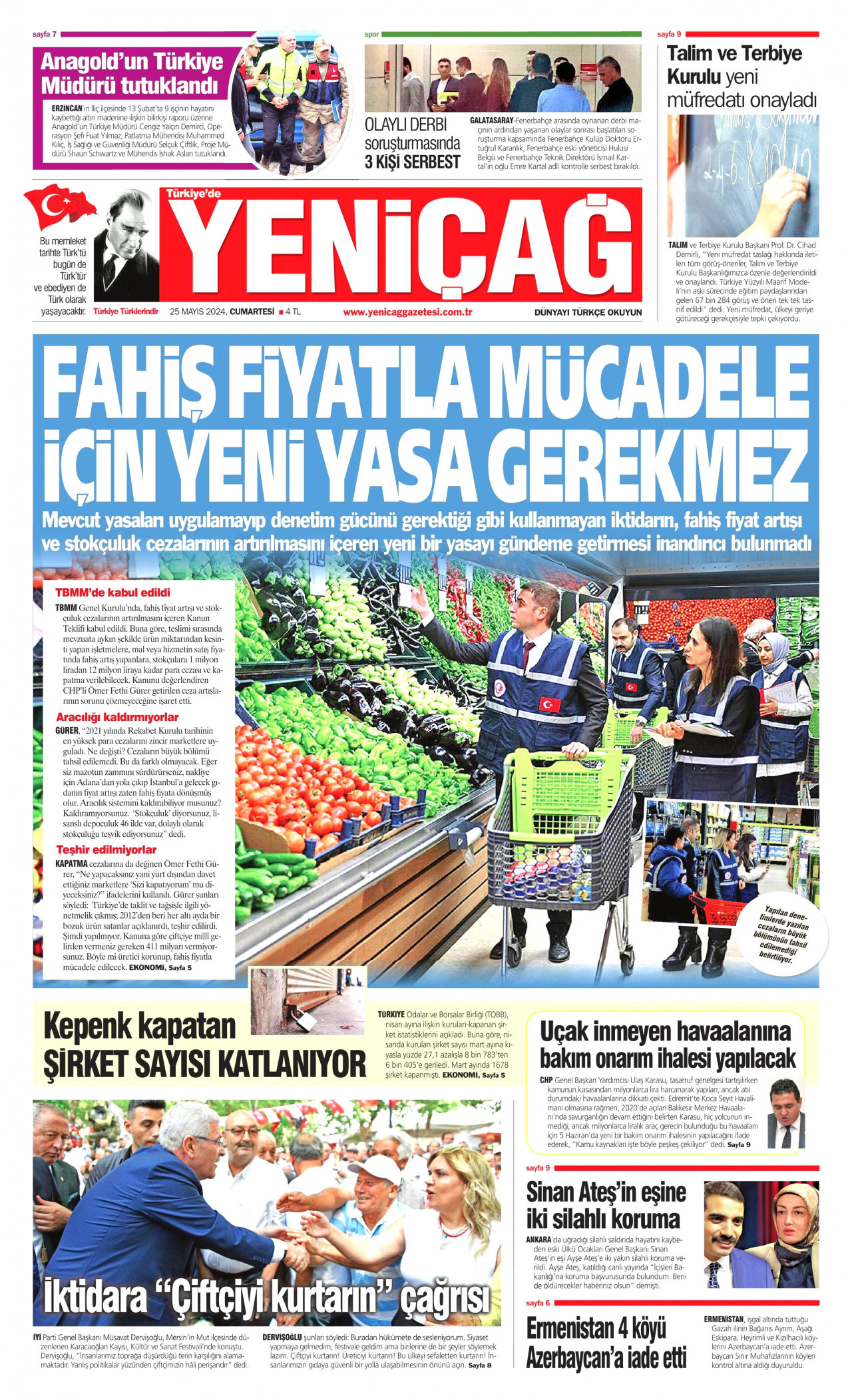 YENİÇAĞ gazetesinin 25 Mayıs 2024 tarihli birinci sayfası