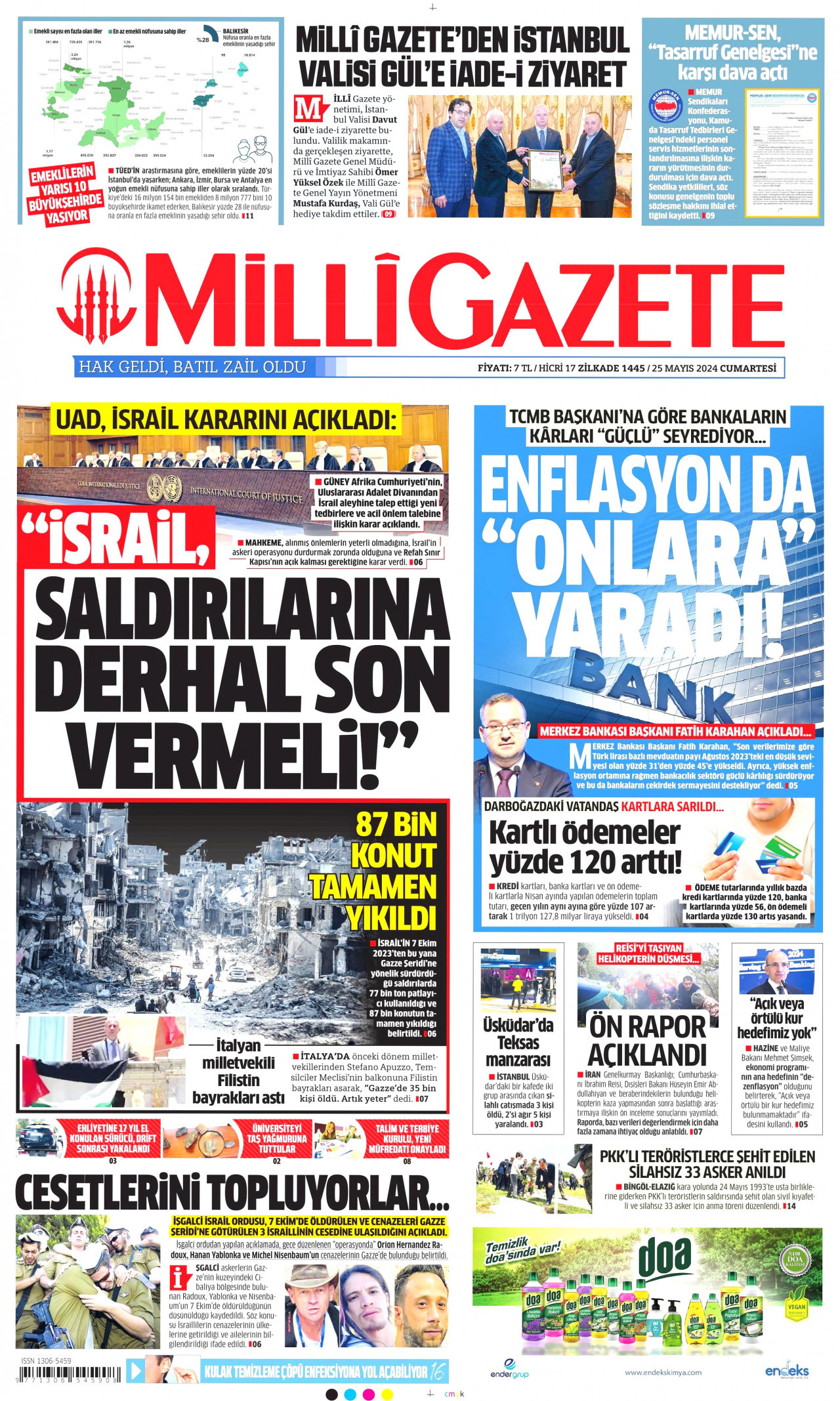 MİLLİ GAZETE gazetesinin 25 Mayıs 2024 tarihli birinci sayfası