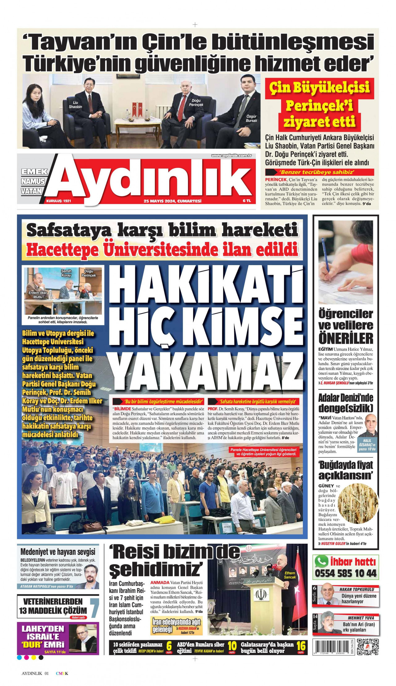 AYDINLIK GAZETESİ gazetesinin 25 Mayıs 2024 tarihli birinci sayfası