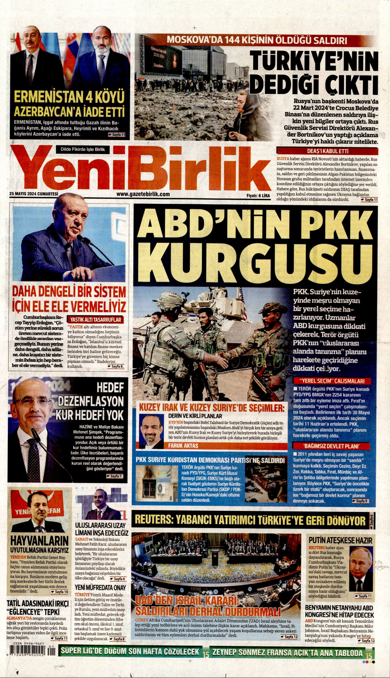 YENİBİRLİK gazetesinin 25 Mayıs 2024 tarihli birinci sayfası