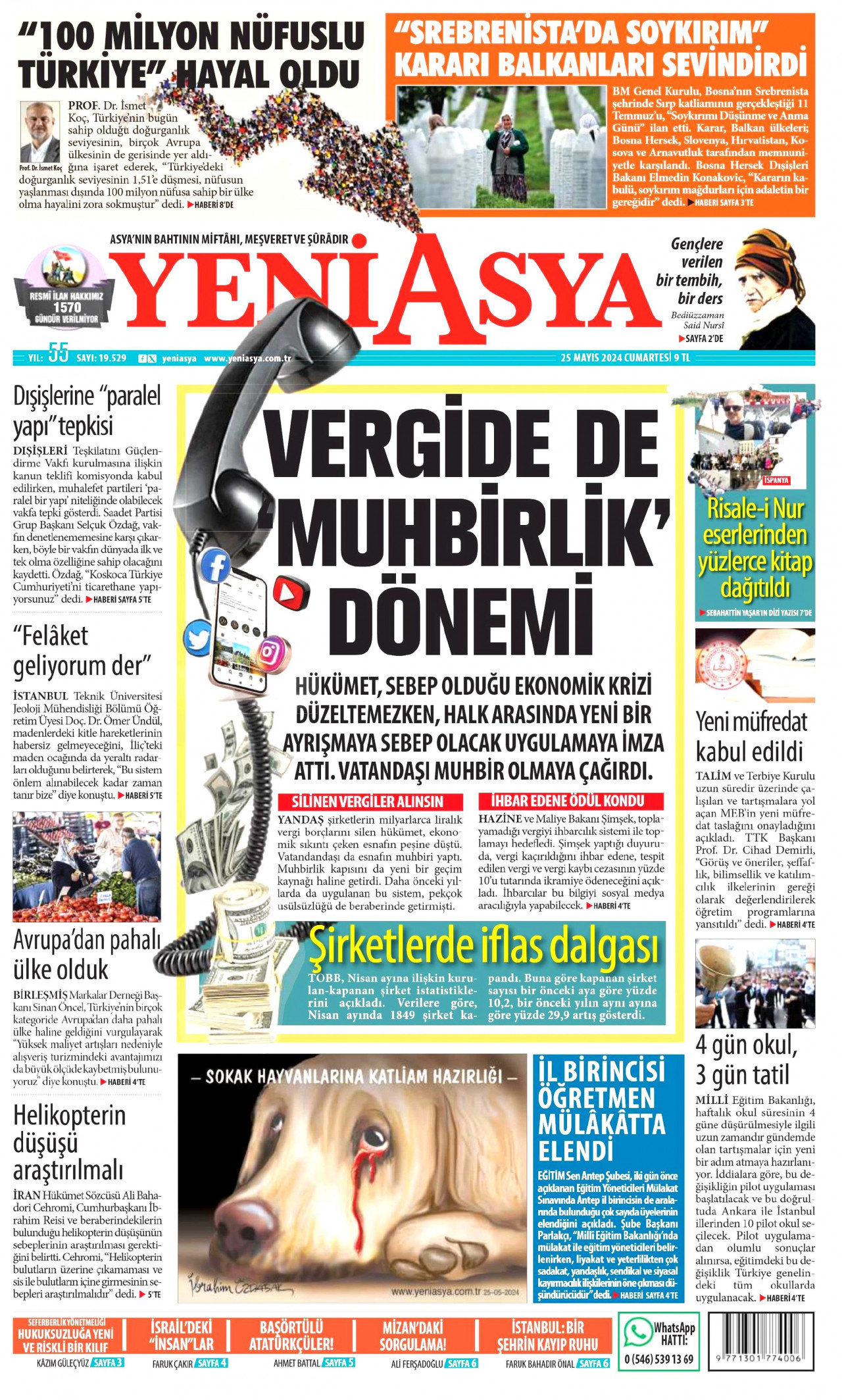 YENİ ASYA gazetesinin 25 Mayıs 2024 tarihli birinci sayfası