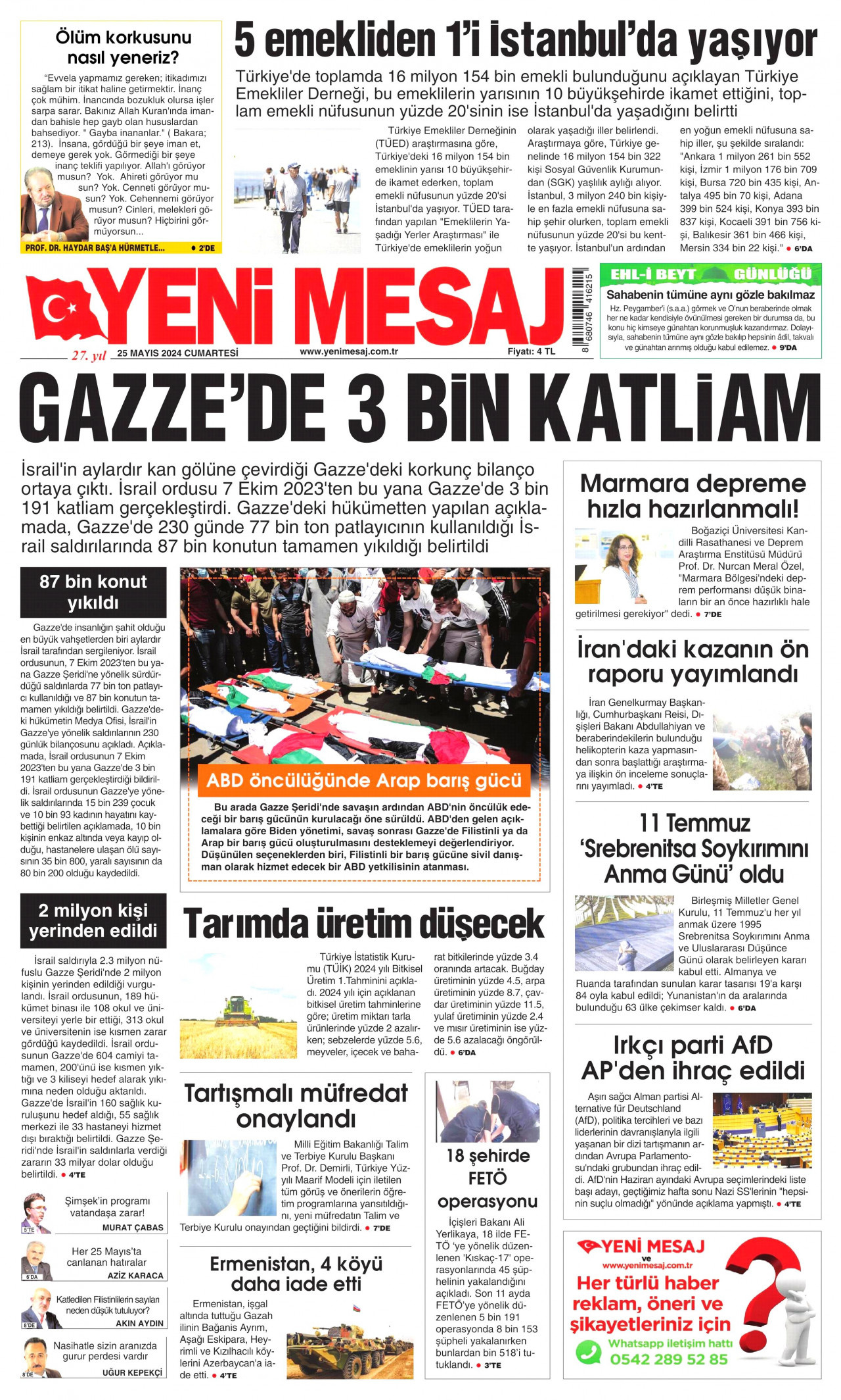 YENİ MESAJ gazetesinin 25 Mayıs 2024 tarihli birinci sayfası