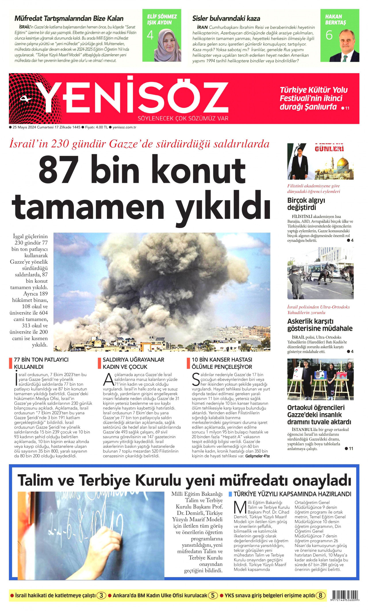 YENİ SÖZ GAZETESİ gazetesinin 25 Mayıs 2024 tarihli birinci sayfası