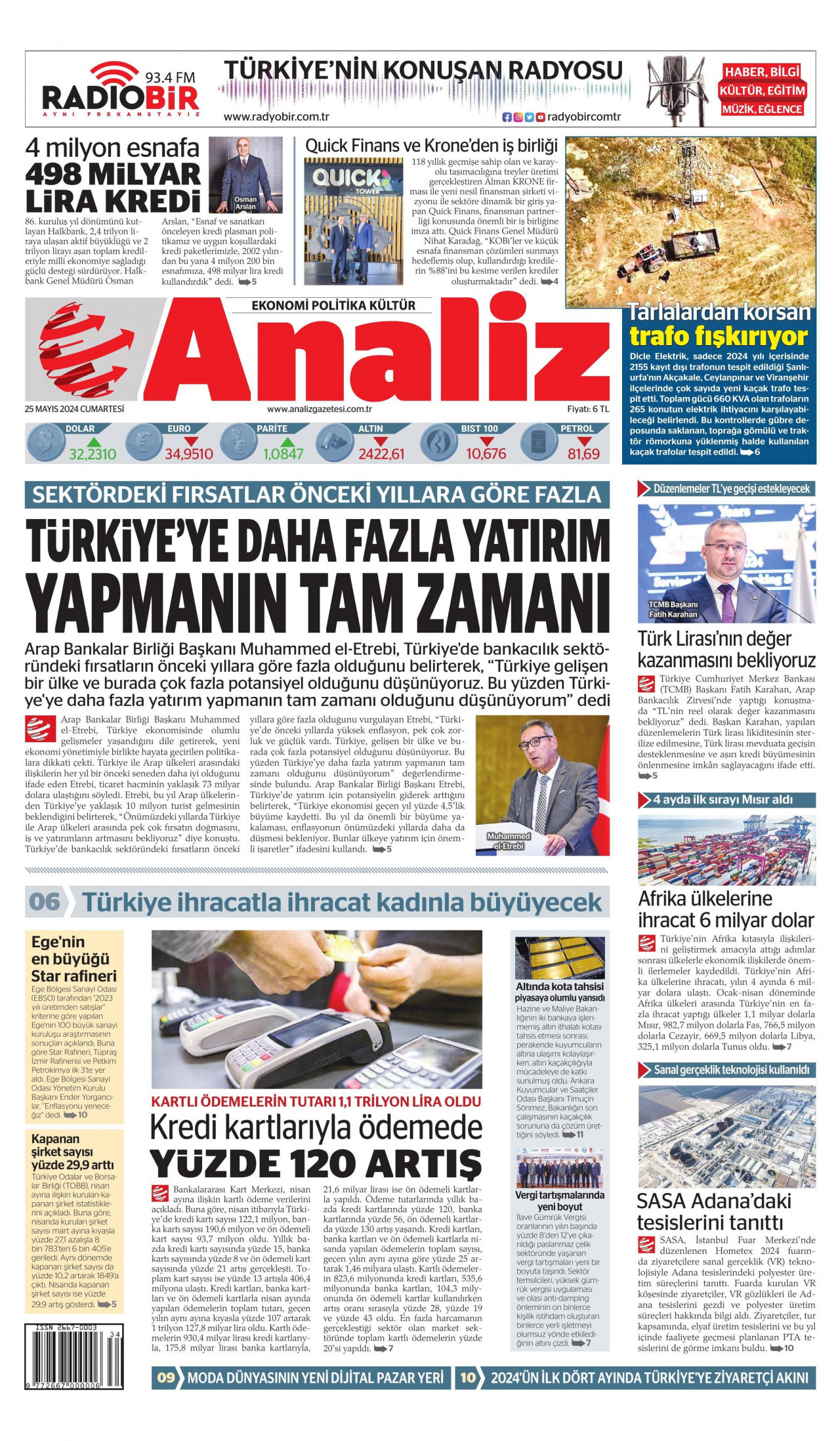 ANALİZ gazetesinin 25 Mayıs 2024 tarihli birinci sayfası