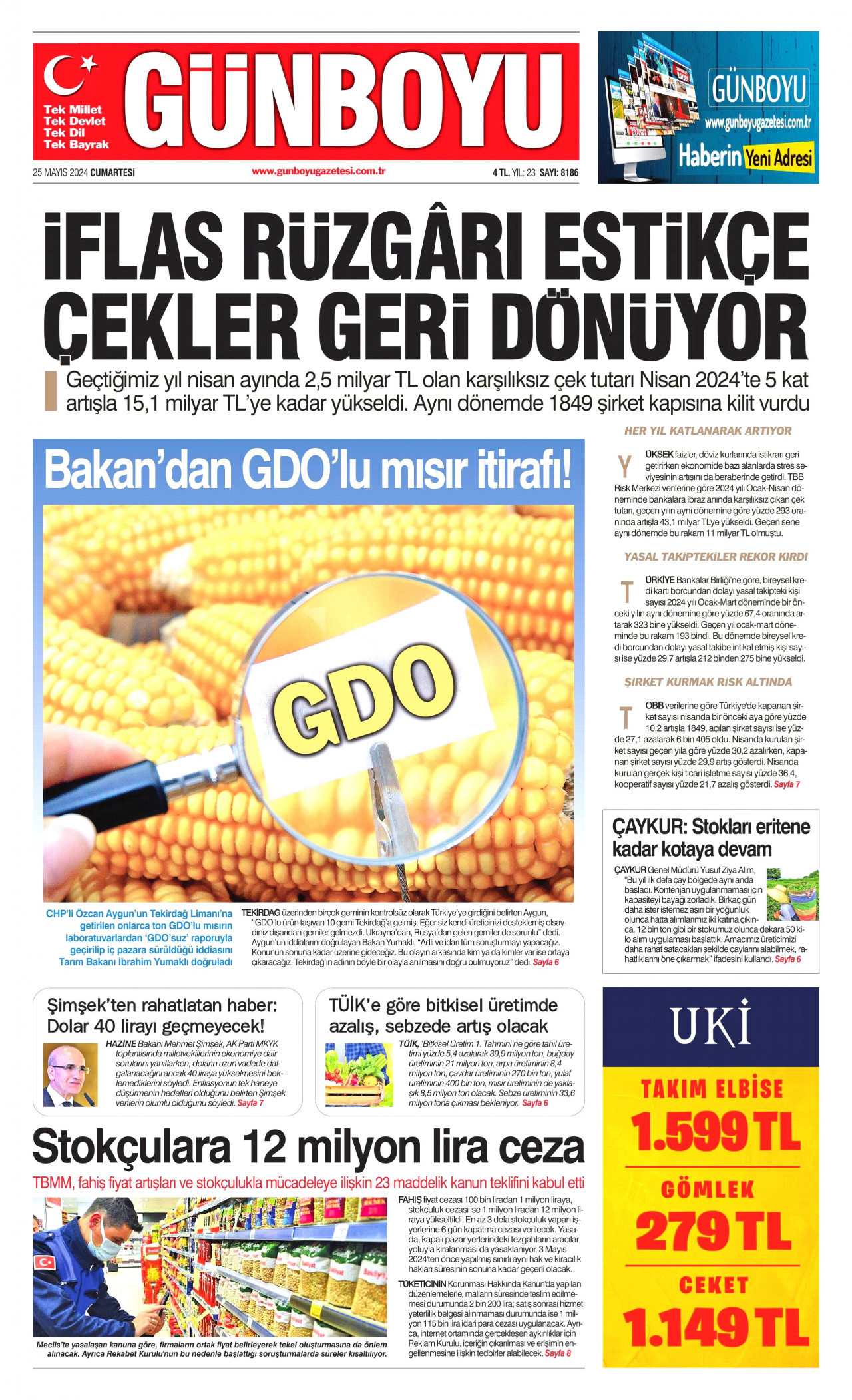 GÜNBOYU gazetesinin 25 Mayıs 2024 tarihli birinci sayfası
