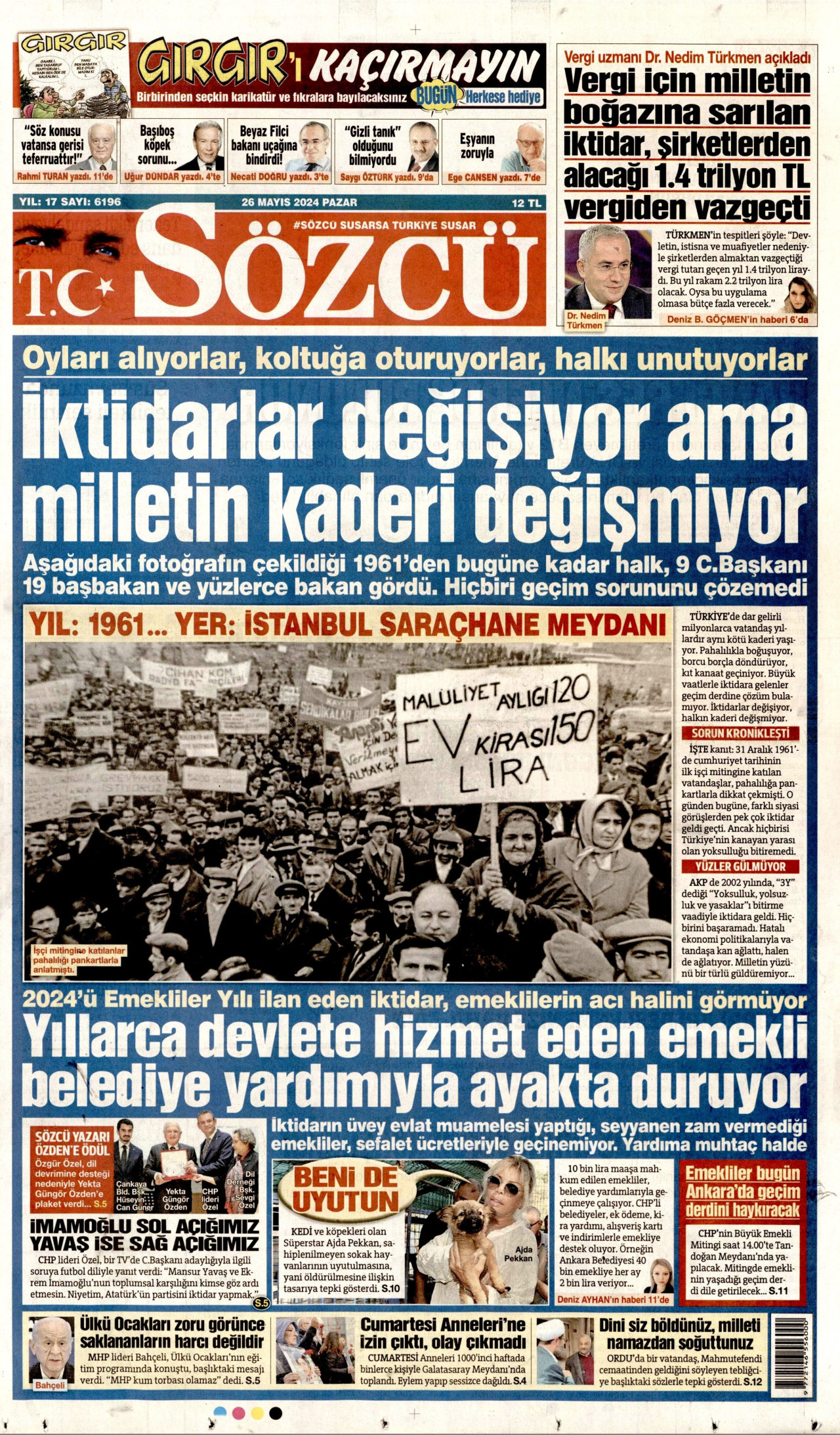 SÖZCÜ gazetesinin 26 Mayıs 2024 tarihli birinci sayfası