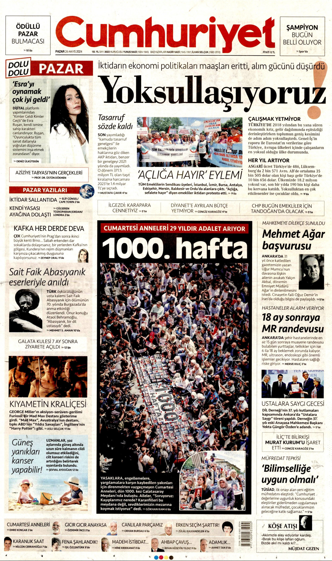CUMHURİYET gazetesinin 26 Mayıs 2024 tarihli birinci sayfası