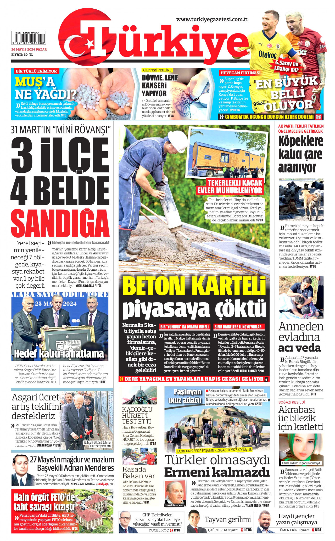TÜRKİYE GAZETESİ gazetesinin 26 Mayıs 2024 tarihli birinci sayfası