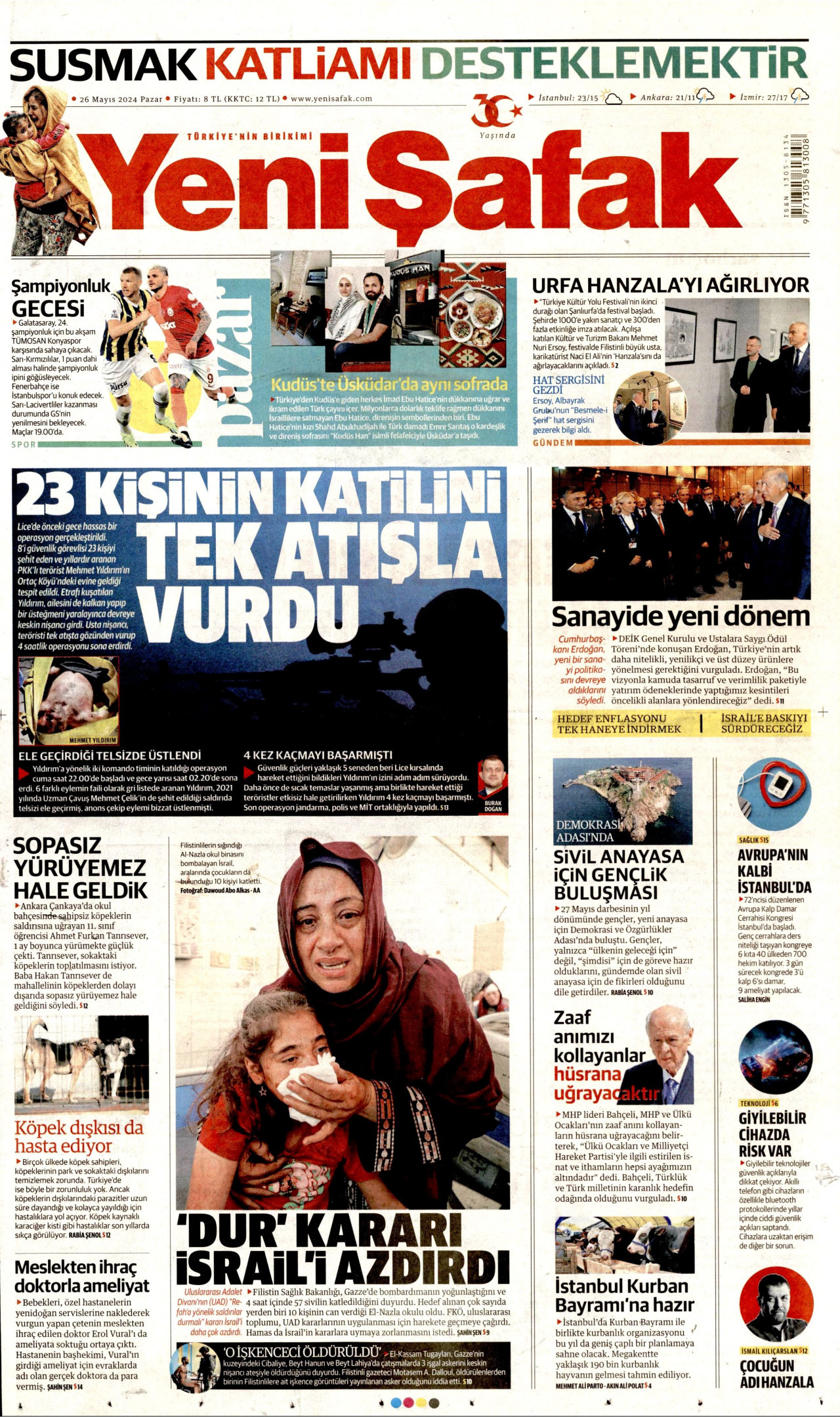 YENİ ŞAFAK gazetesinin 26 Mayıs 2024 tarihli birinci sayfası