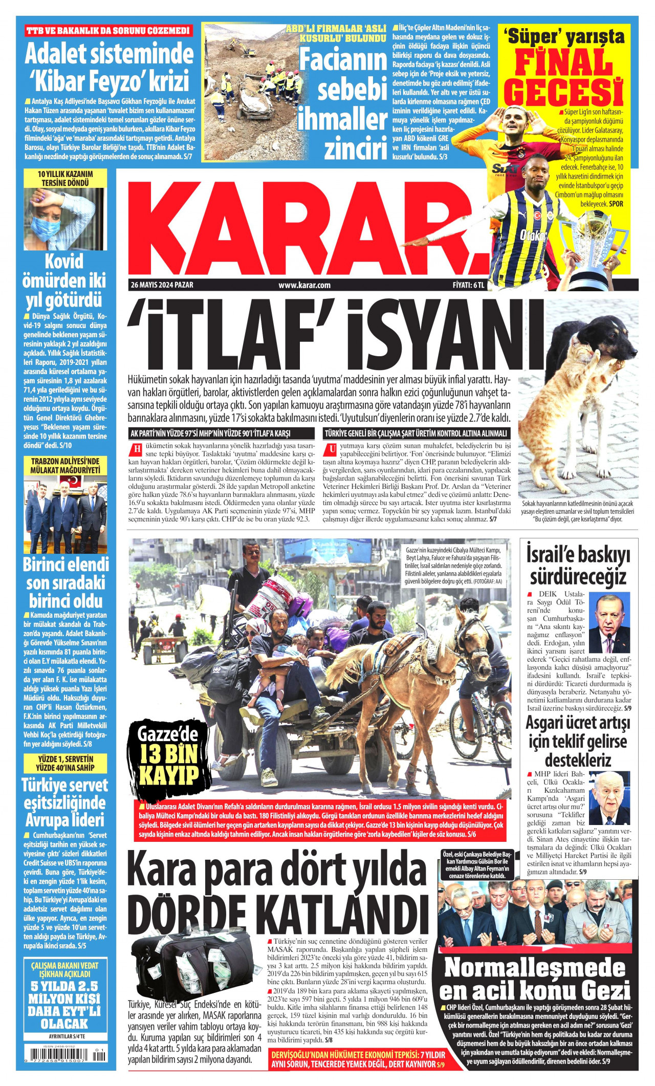 KARAR gazetesinin 26 Mayıs 2024 tarihli birinci sayfası