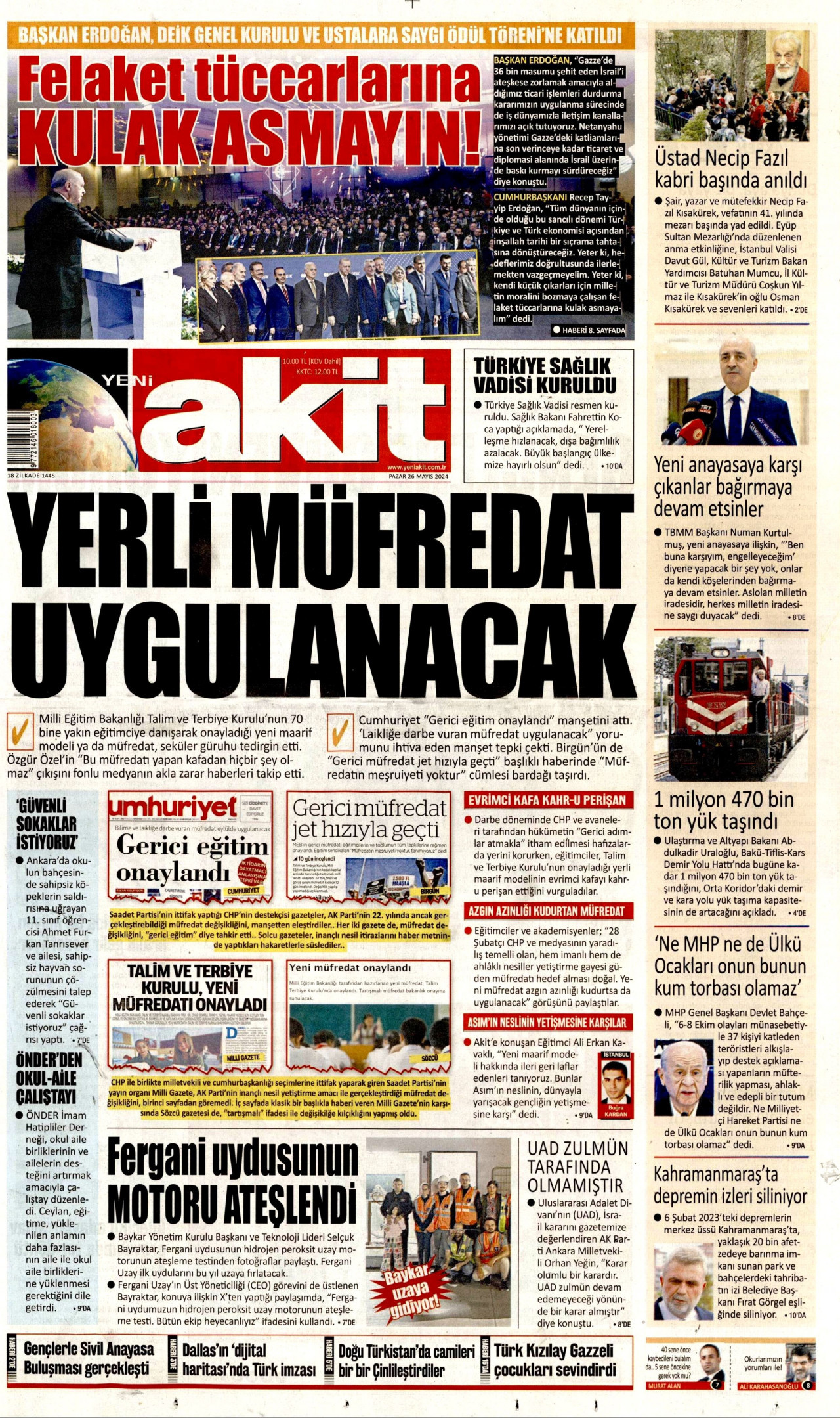 YENİ AKİT gazetesinin 26 Mayıs 2024 tarihli birinci sayfası