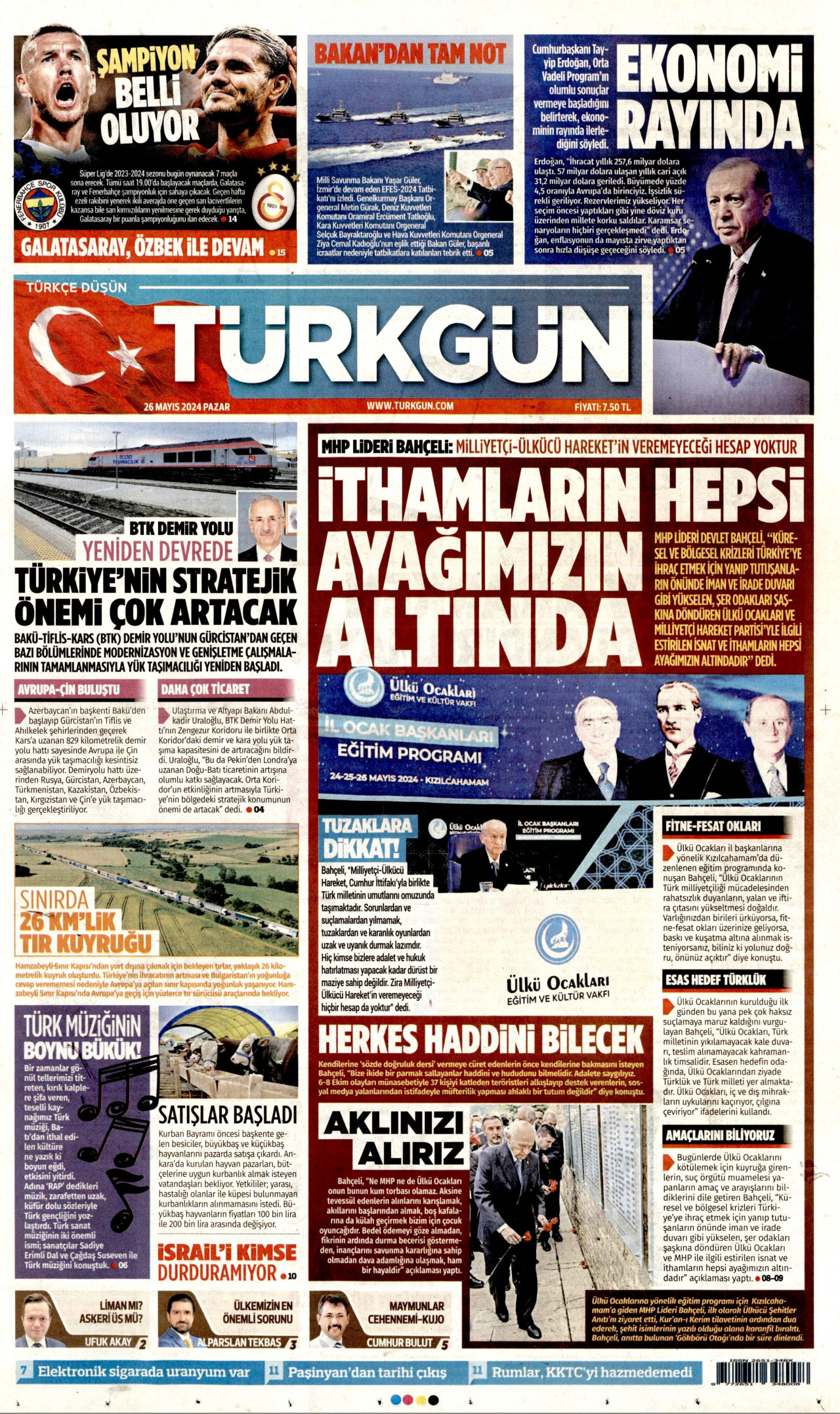 TÜRKGÜN gazetesinin 26 Mayıs 2024 tarihli birinci sayfası