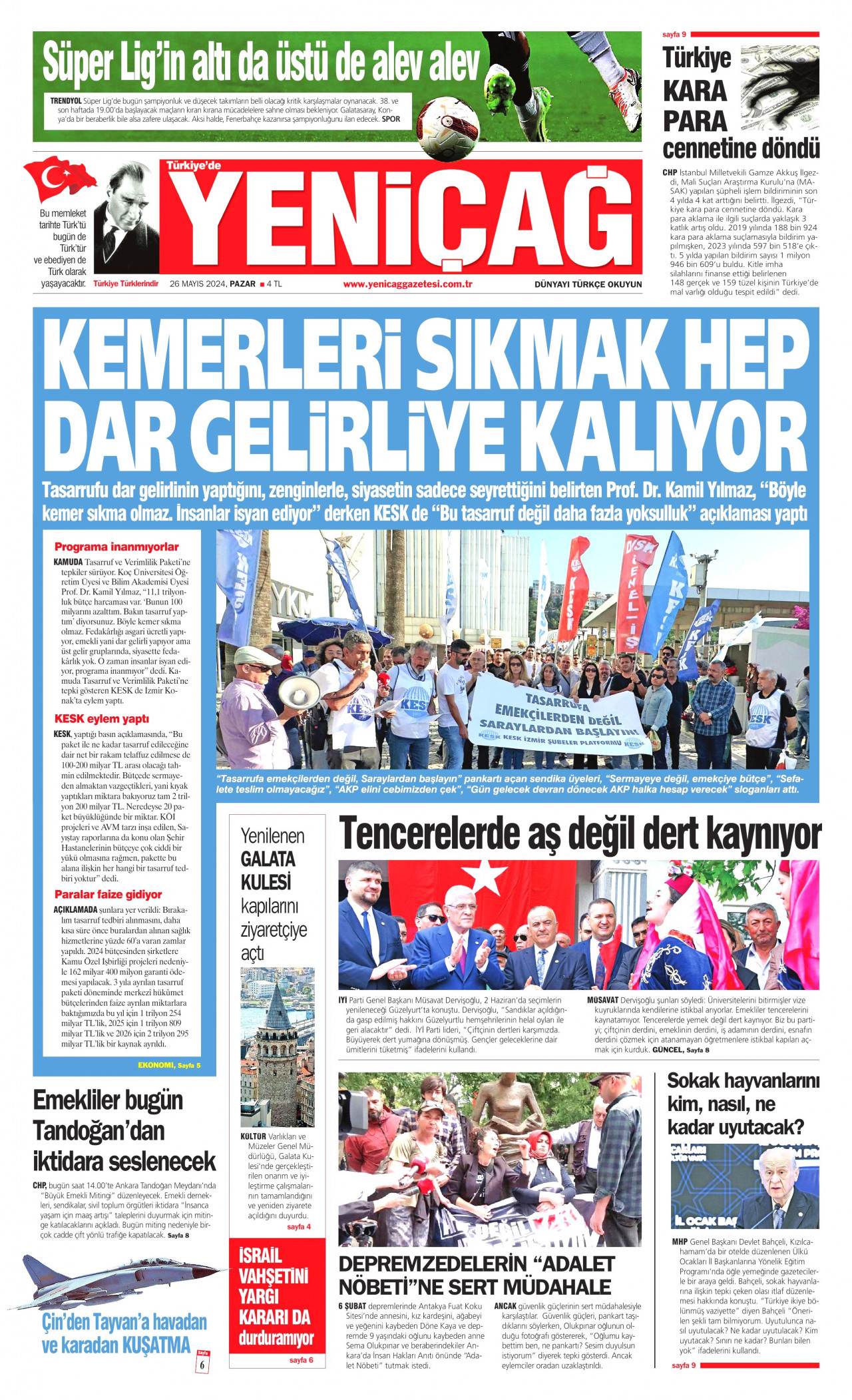 YENİÇAĞ gazetesinin 26 Mayıs 2024 tarihli birinci sayfası