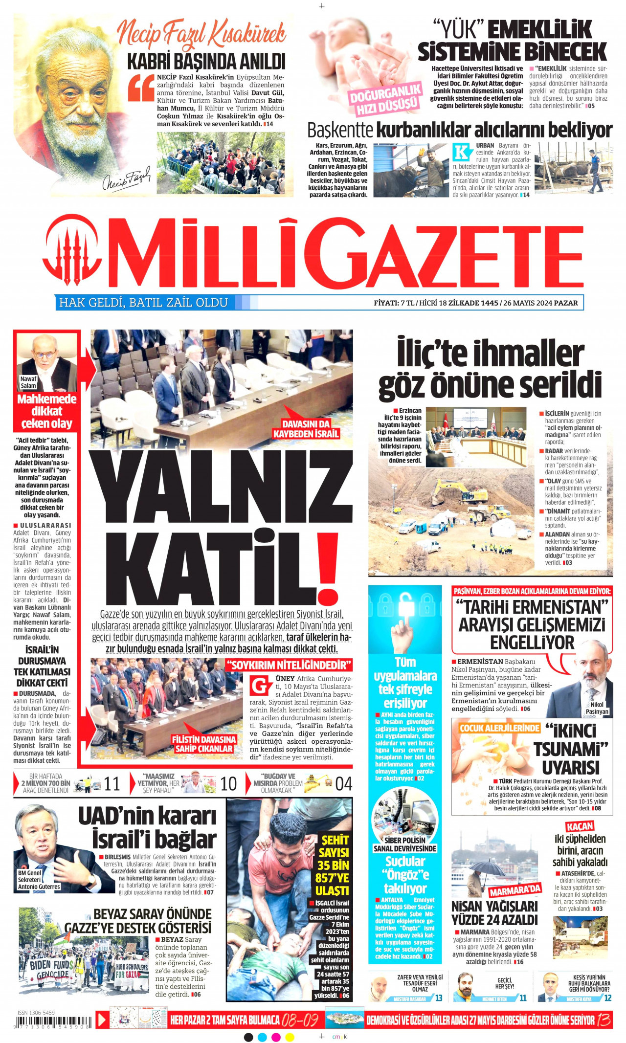 MİLLİ GAZETE gazetesinin 26 Mayıs 2024 tarihli birinci sayfası