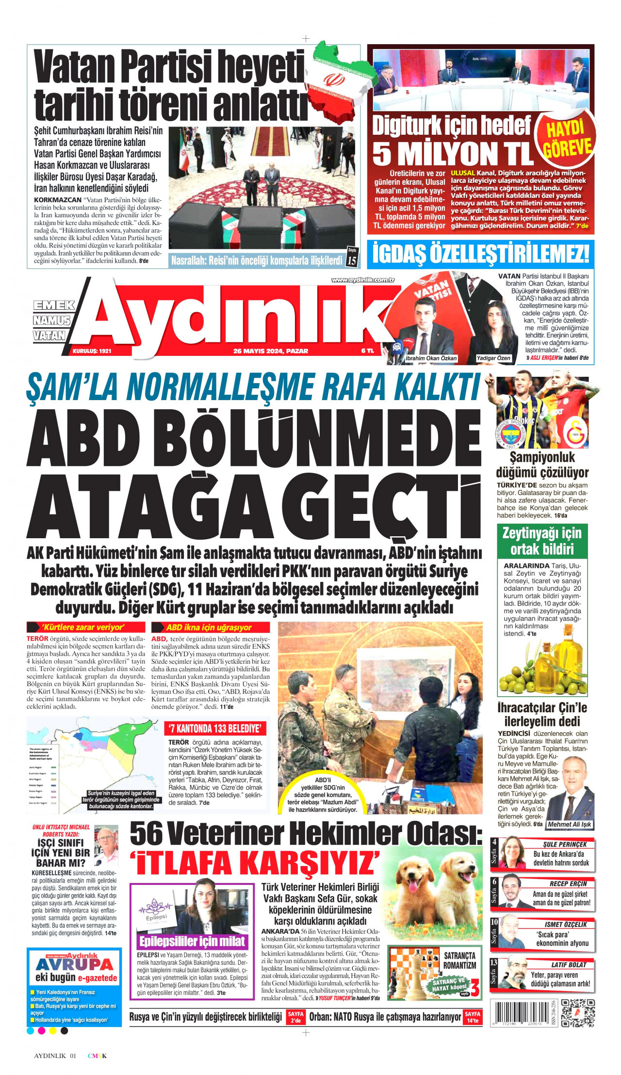 AYDINLIK GAZETESİ gazetesinin 26 Mayıs 2024 tarihli birinci sayfası