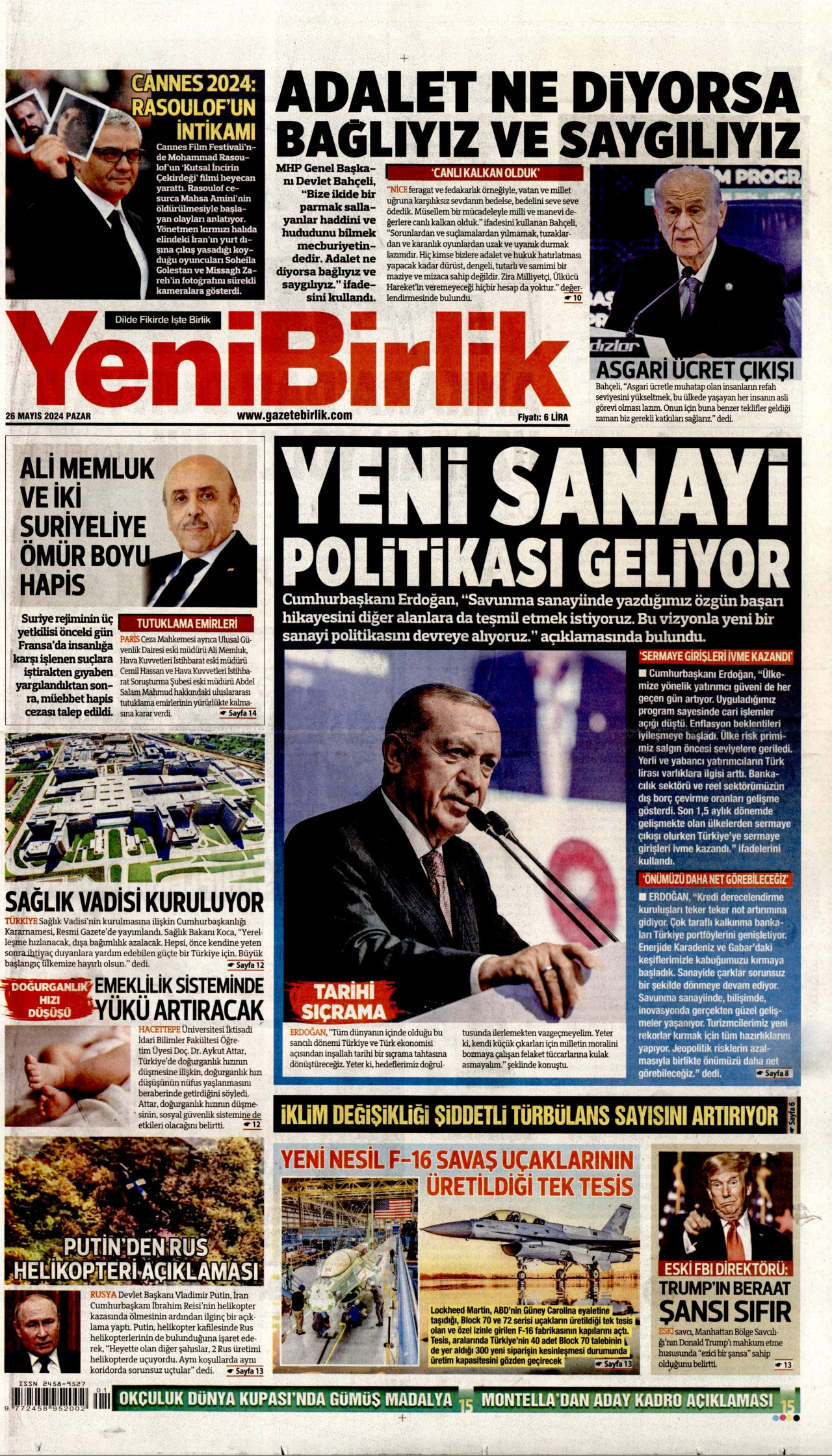 YENİBİRLİK gazetesinin 26 Mayıs 2024 tarihli birinci sayfası