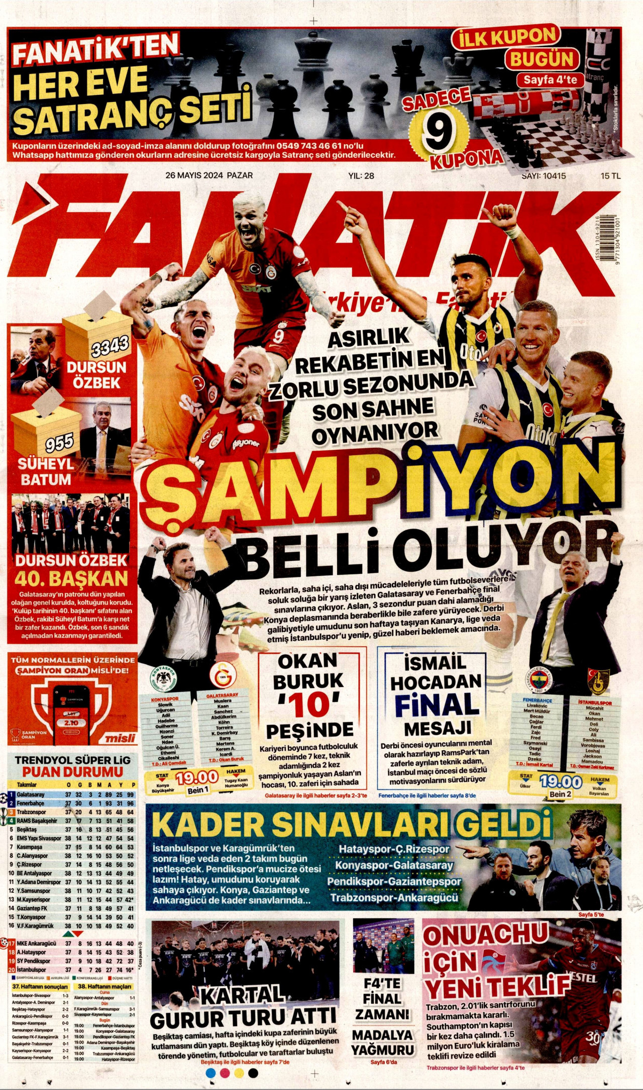 FANATİK gazetesinin 26 Mayıs 2024 tarihli birinci sayfası